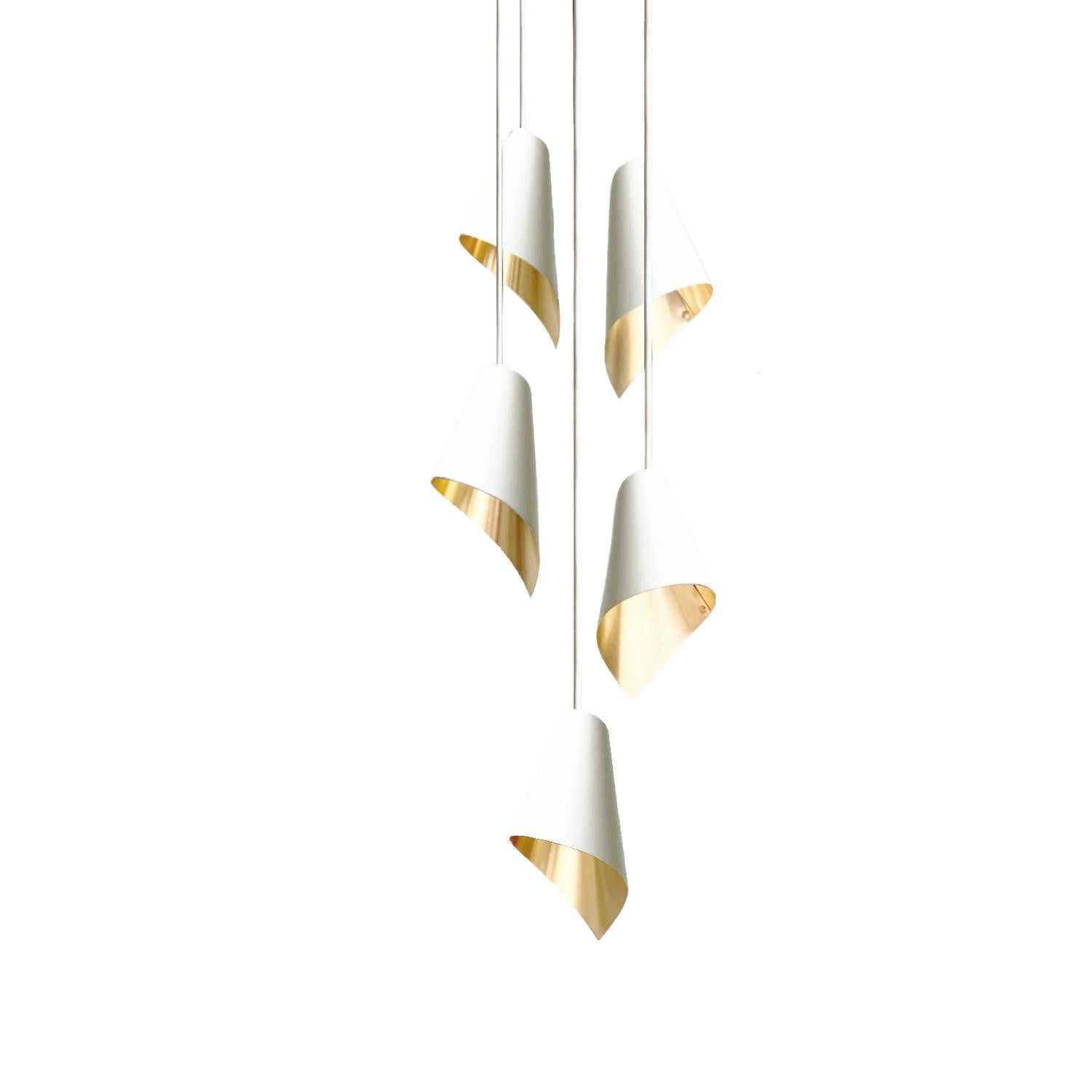 British ARC 5 Modern Pendant Light Cascade in White and Brushed Brass, Made in Britain For Sale
