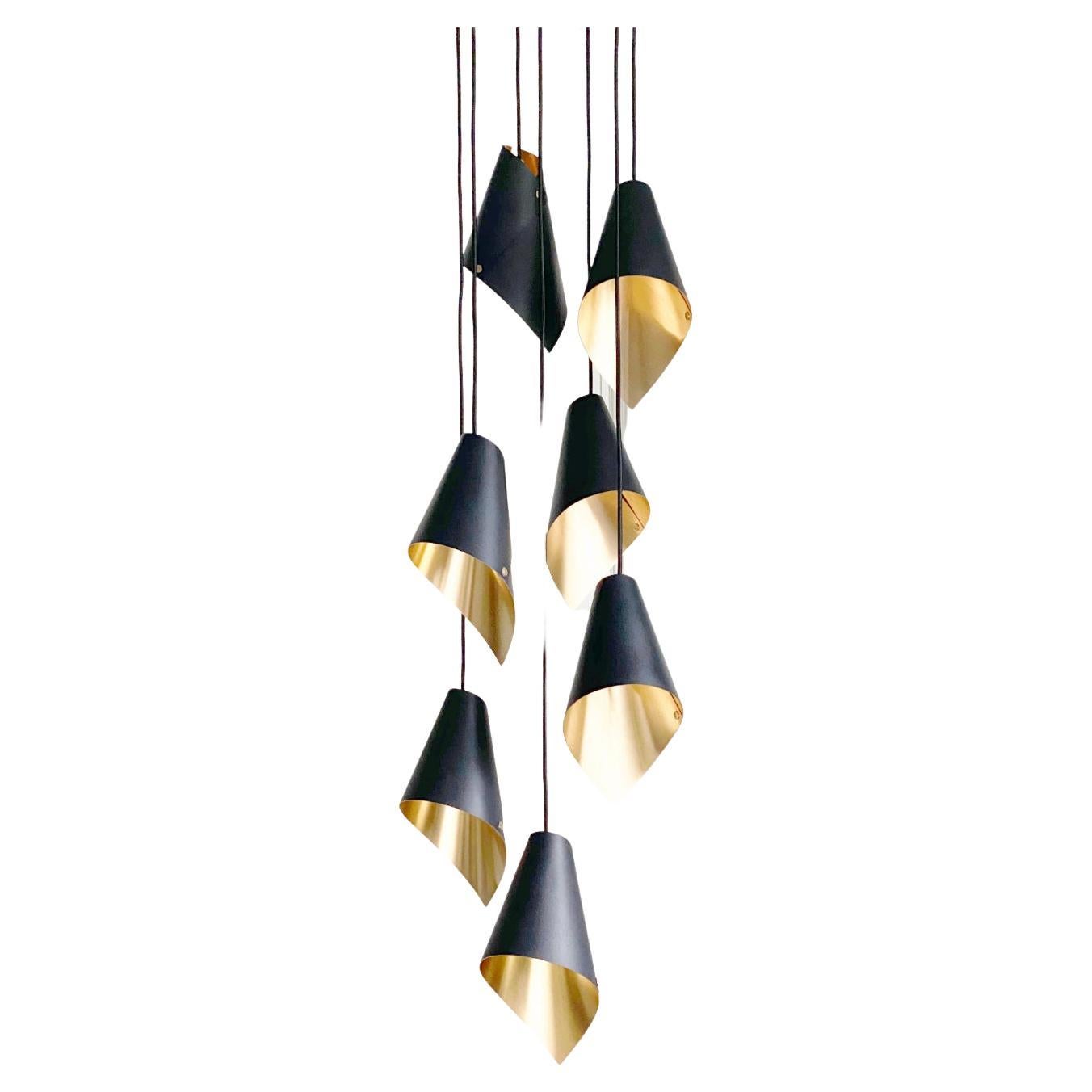 ARC 7 Modern Pendant Light in Black and Brushed Brass Made in Britain For Sale