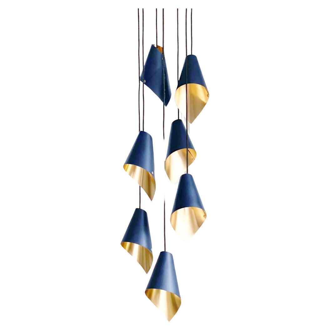 ARC Asymmetric Modern 7 Pendant Light in Blue and Brushed Brass Made in Britain For Sale