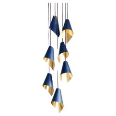 ARC Asymmetric Modern 7 Pendant Light in Blue and Brushed Brass Made in Britain