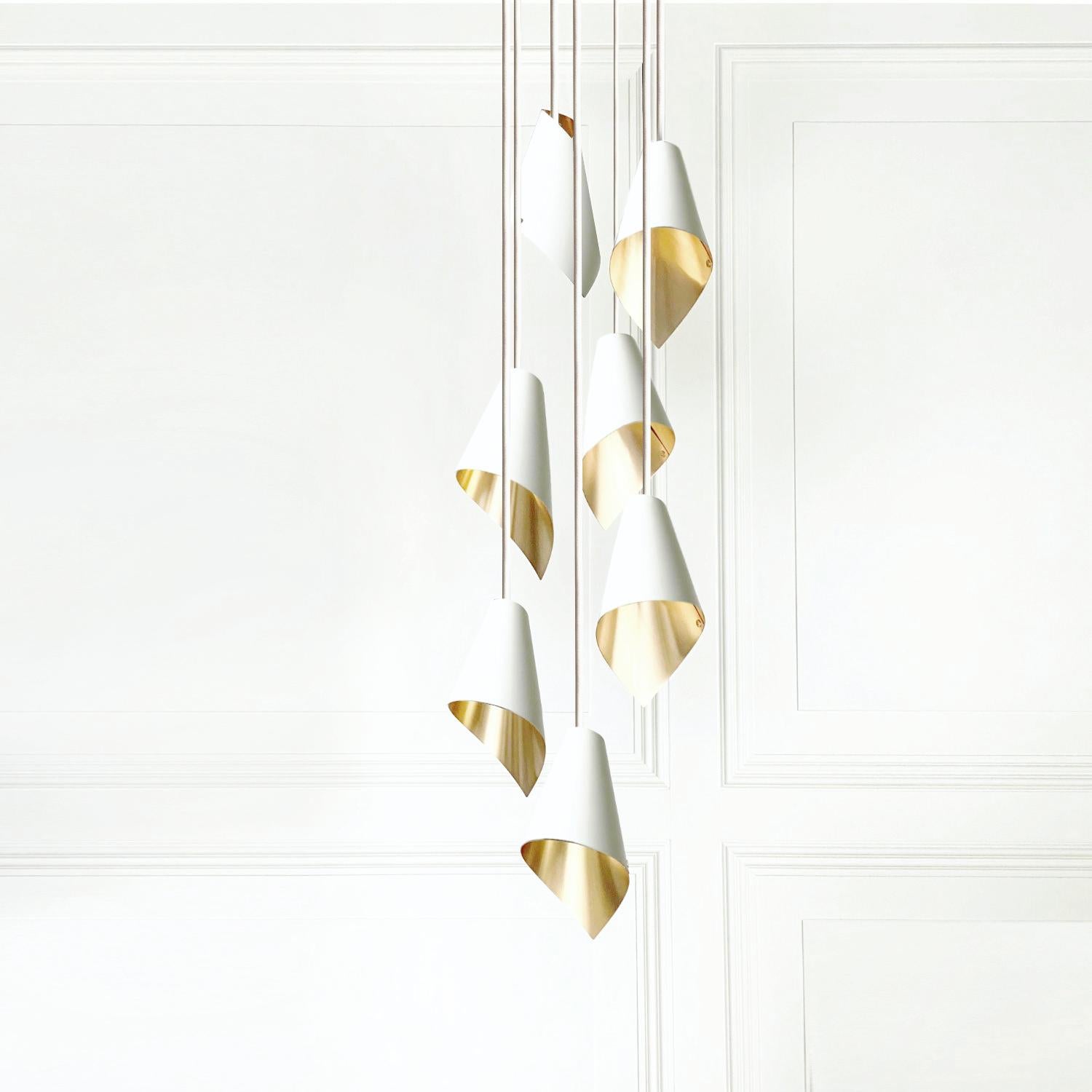 European ARC 7 Modern Pendant Light in White and Brushed Brass Made in Britain For Sale