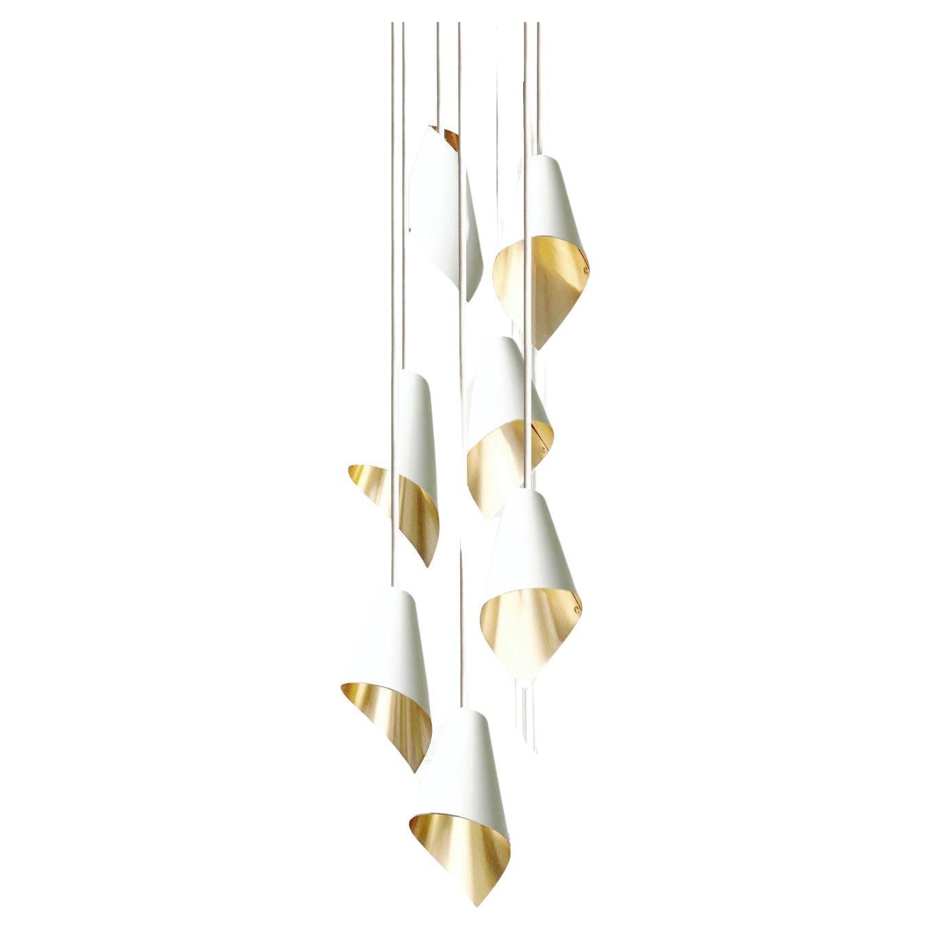 ARC 7 Modern Pendant Light in White and Brushed Brass Made in Britain