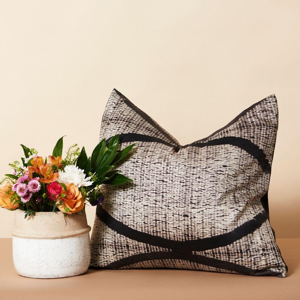 Modern Arc Black Shibori Silk Pillow  For Sale