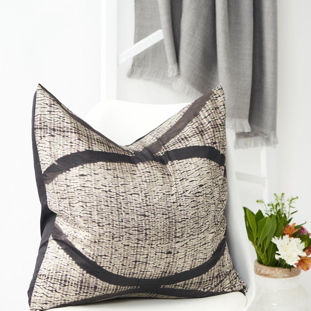 Indian Arc Black Shibori Silk Pillow  For Sale