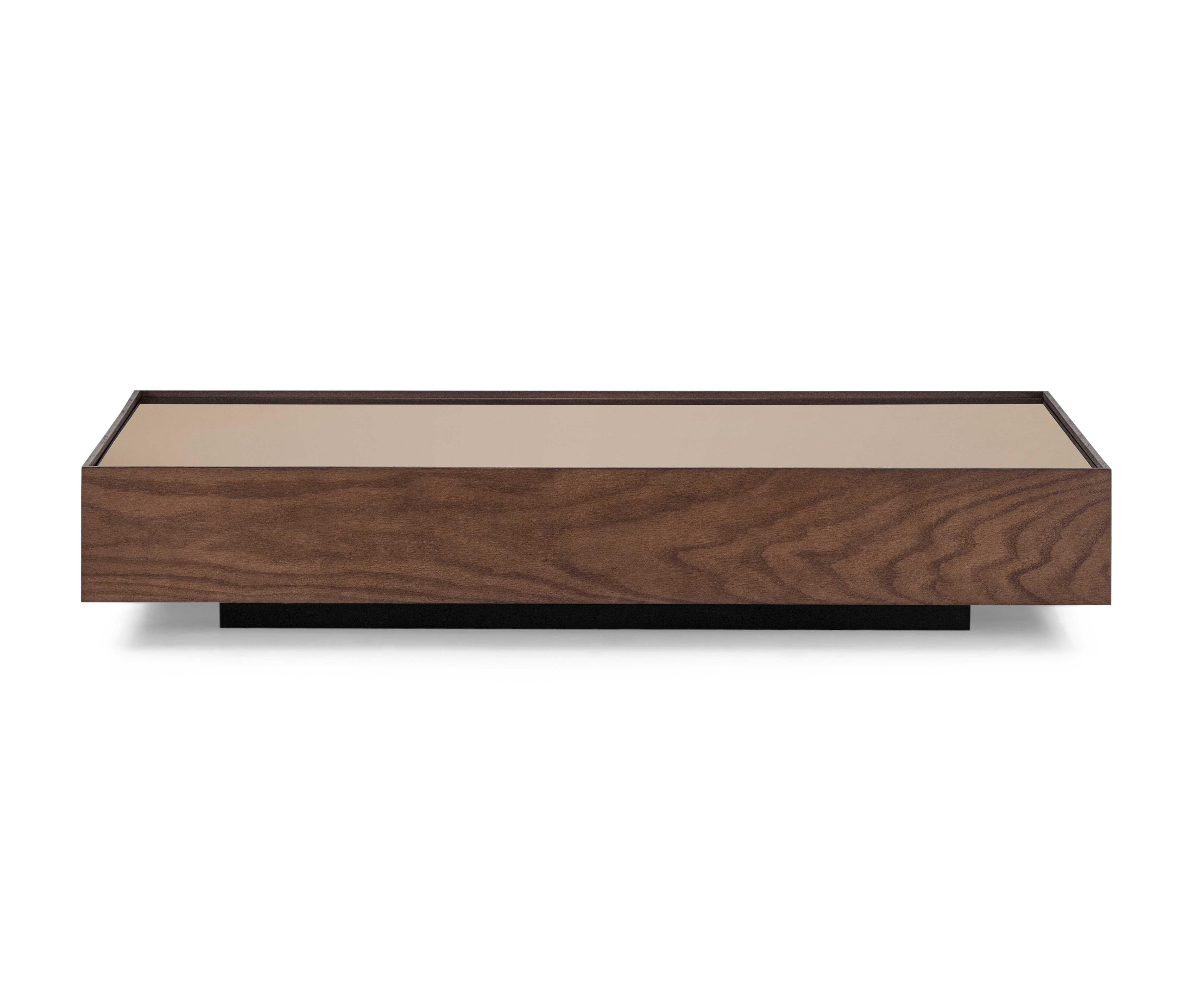 Couchtisch mit 47-Zoll-Platte aus Bronze und Rahmen aus Imbuia-Eiche, Arc-Kollektion (Furnier) im Angebot