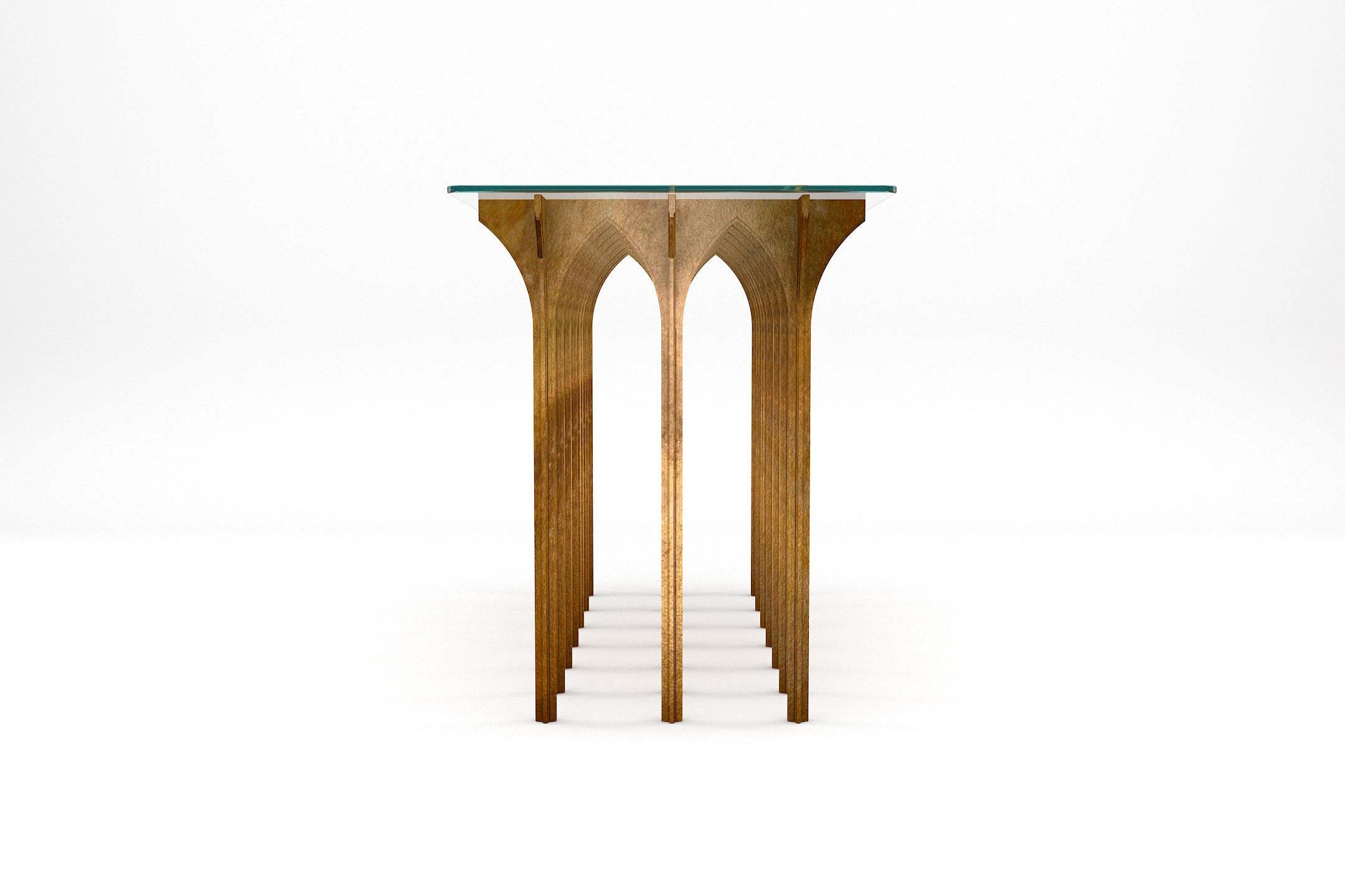 European Arc Console - Modern Handcrafted Console in Patinated Brass with Glass Top For Sale