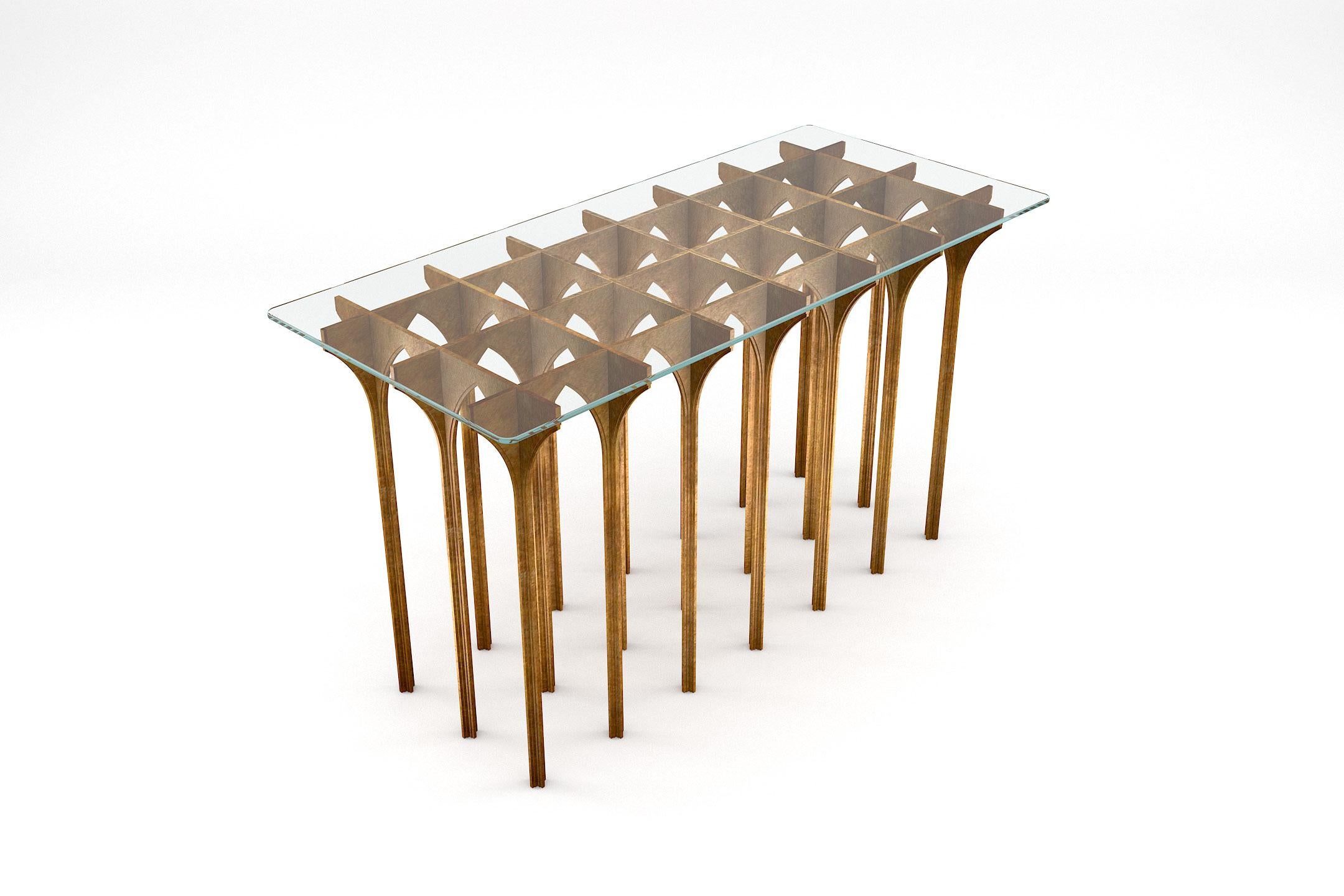 Arc Console - Modern Handcrafted Console in Patinated Brass with Glass Top In New Condition For Sale In London, GB