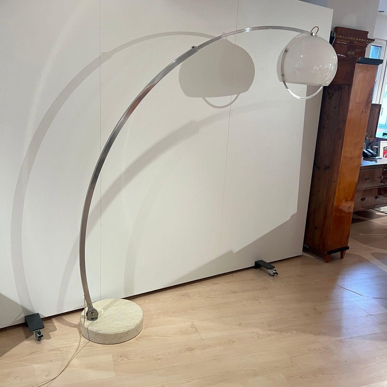 Space Age Arc Floor Lamp by Guzzini, Aluminum, Travertine, Italy circa 1970 For Sale