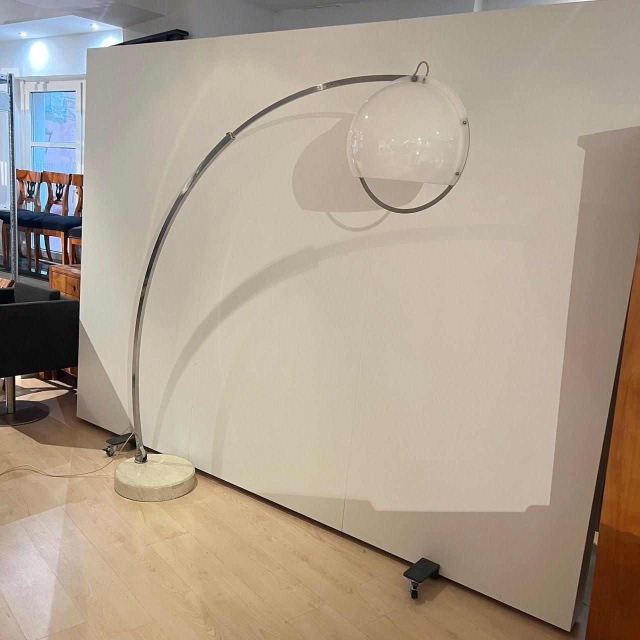 Polished Arc Floor Lamp by Guzzini, Aluminum, Travertine, Italy circa 1970 For Sale