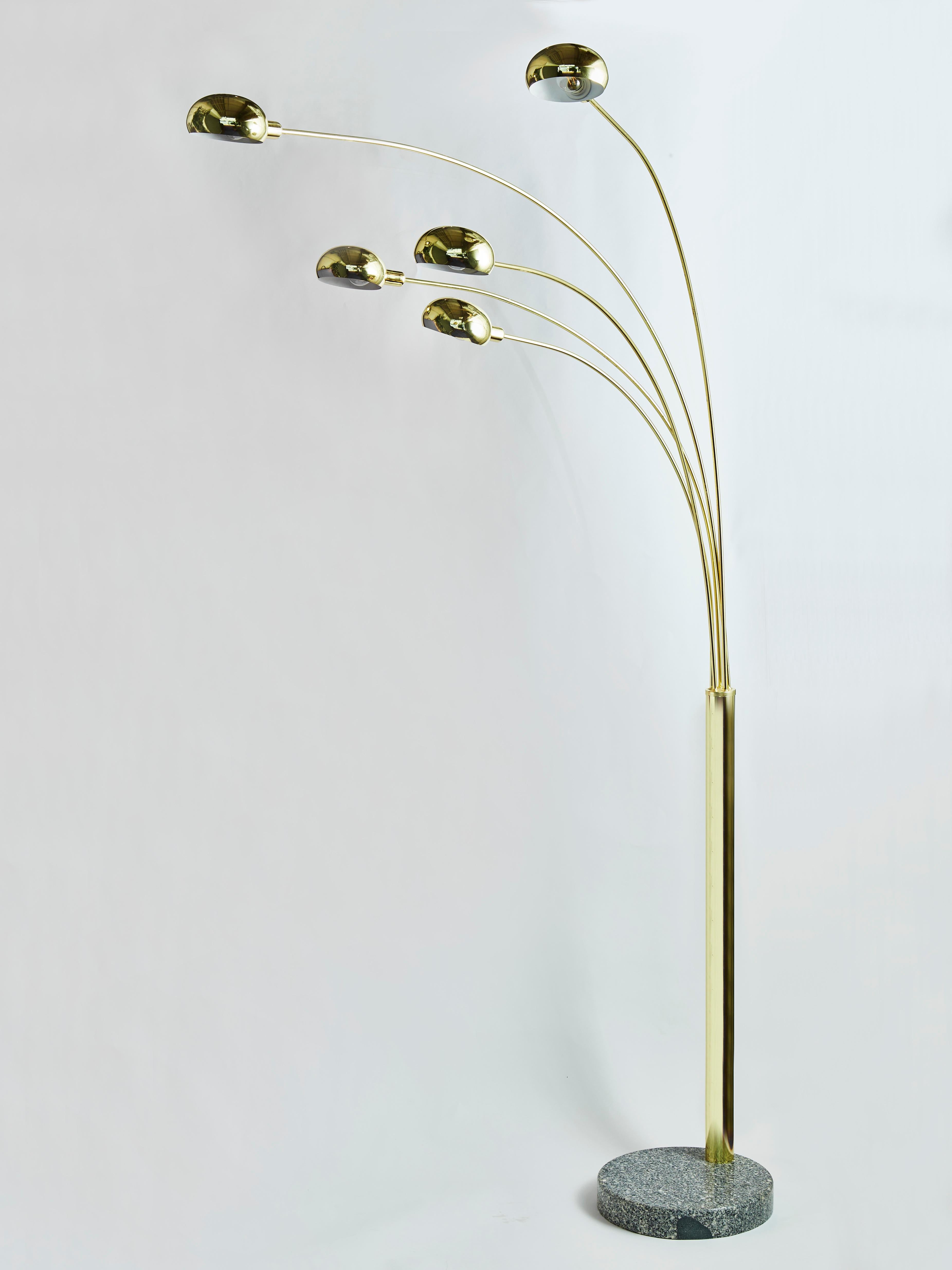 Swedish arc floor lamp, made of a speckled marble foot and brass body and arms. Each of them five is adjustable as well as the sconces.