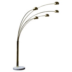 Arc Floor Lamp with Five Adjustable Brass Arms and White Marble Foot