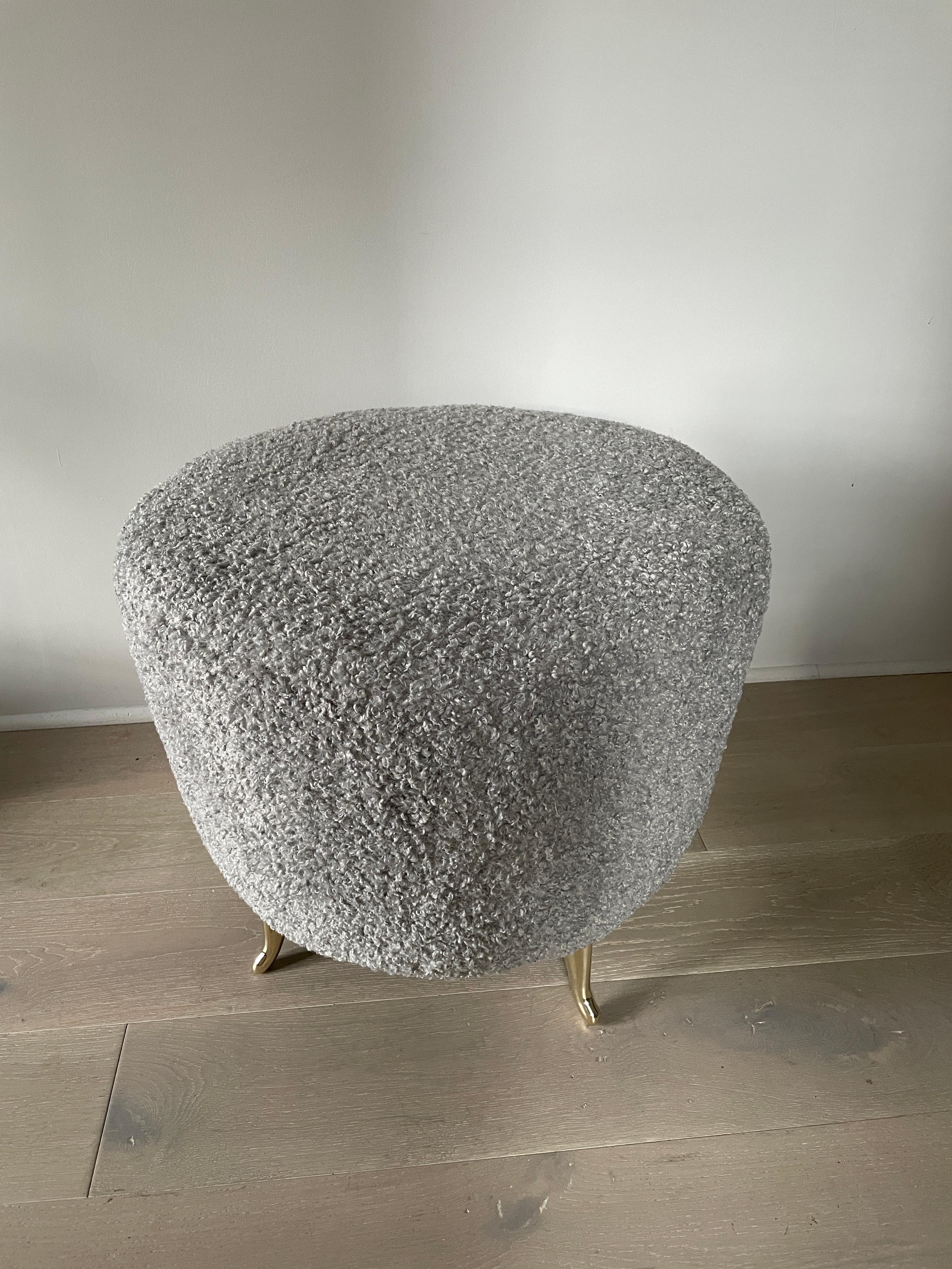 Brass Arc Poof, Silver Boucle Upholstery by Bourgeois Boheme Atelier For Sale