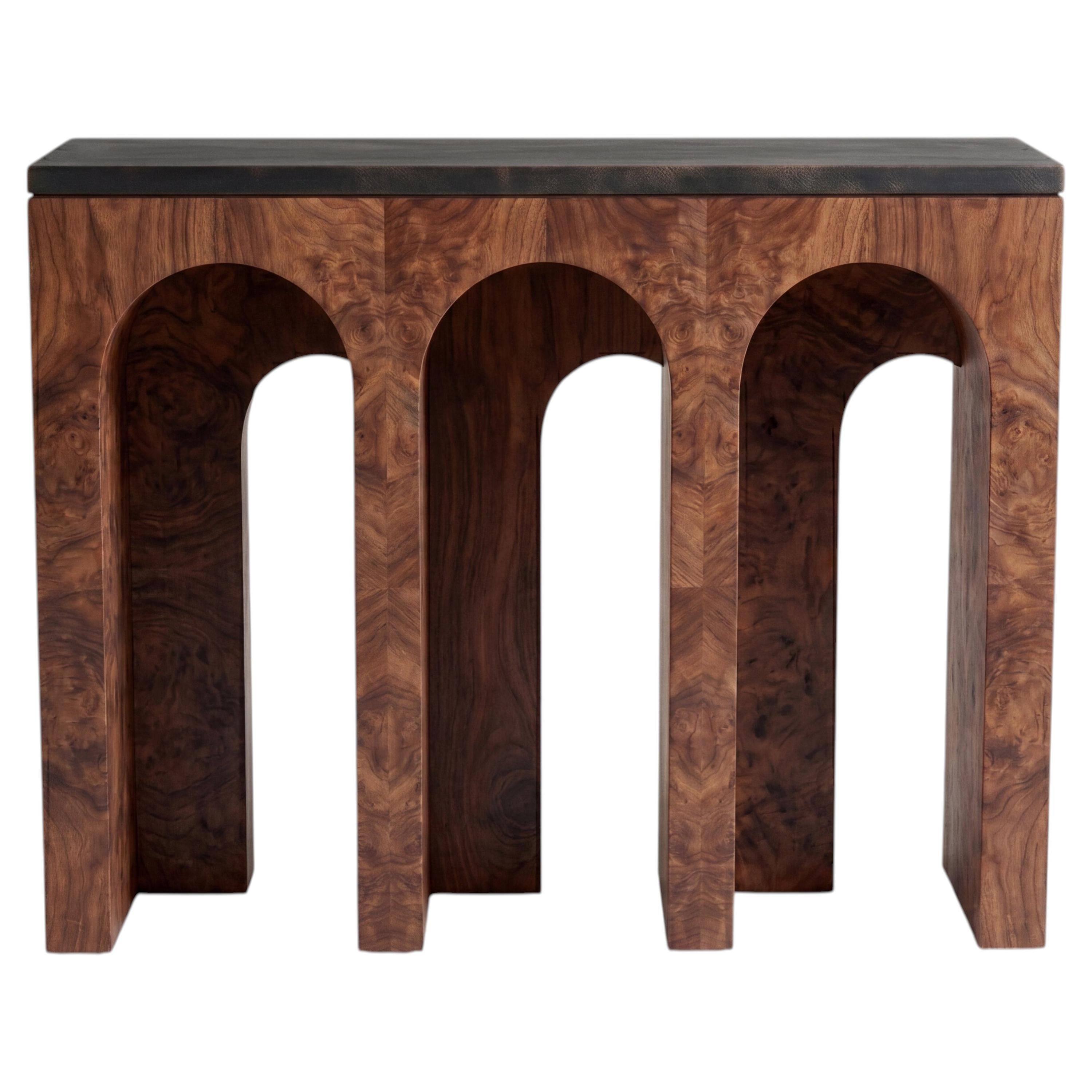 Arcade Sculptural Console Table in Walnut Burl with Black Marble Top For Sale
