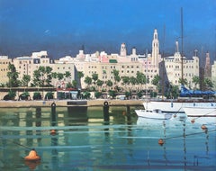 Spanish mediterranean boardwalk oil on canvas painting seascape