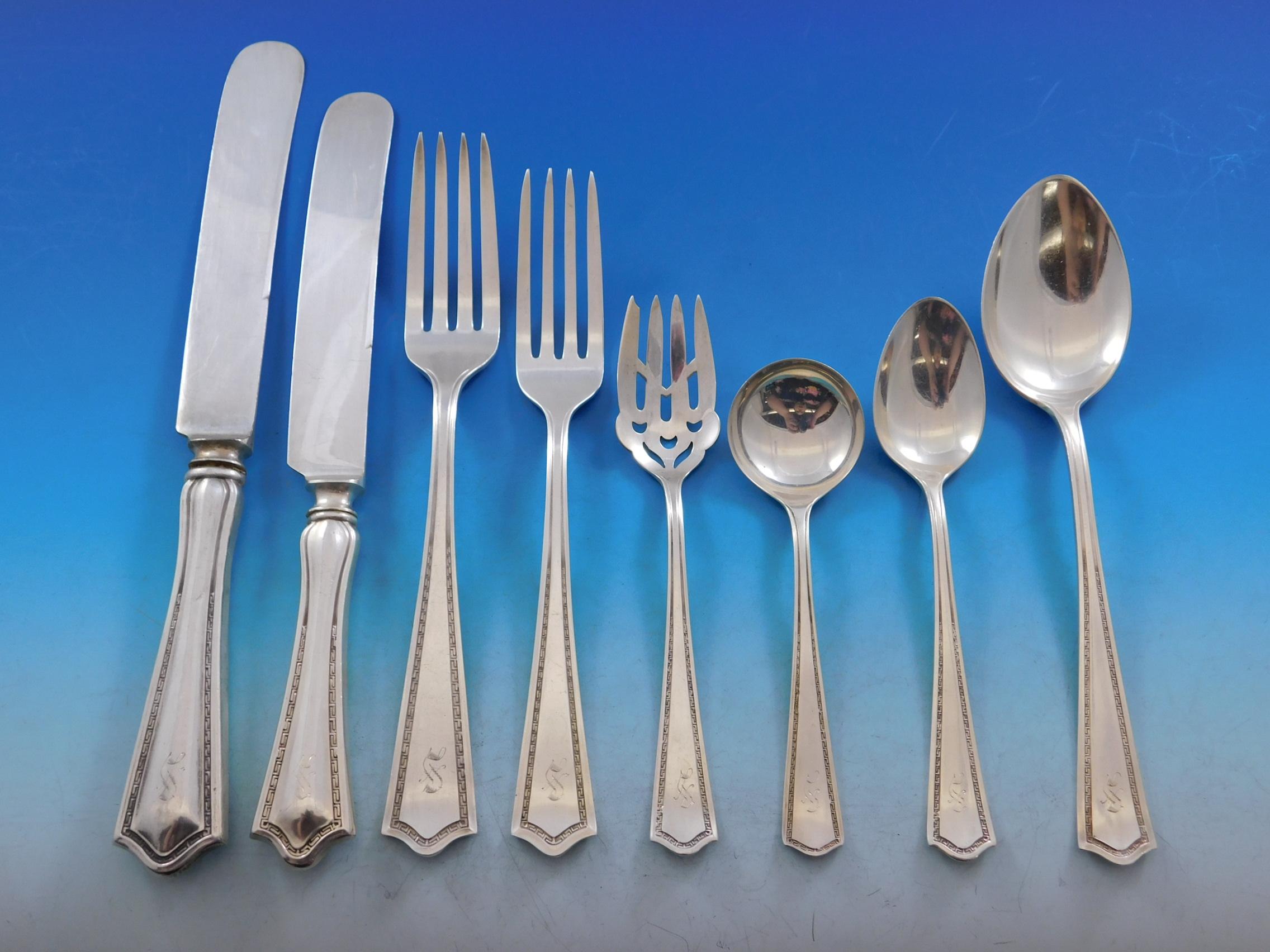 Monumental dinner and luncheon size Arcadia by SSMC, Saart sterling silver flatware set, 105 pieces. This set includes:

12 dinner size knives, 9 5/8