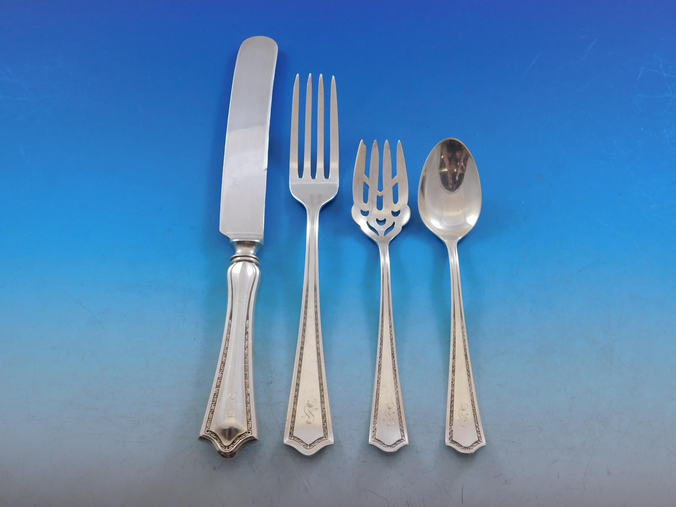 Arcadia by SSMC, Saart Sterling Silver Flatware Set 12 Service 105 Pcs S Mono In Excellent Condition For Sale In Big Bend, WI