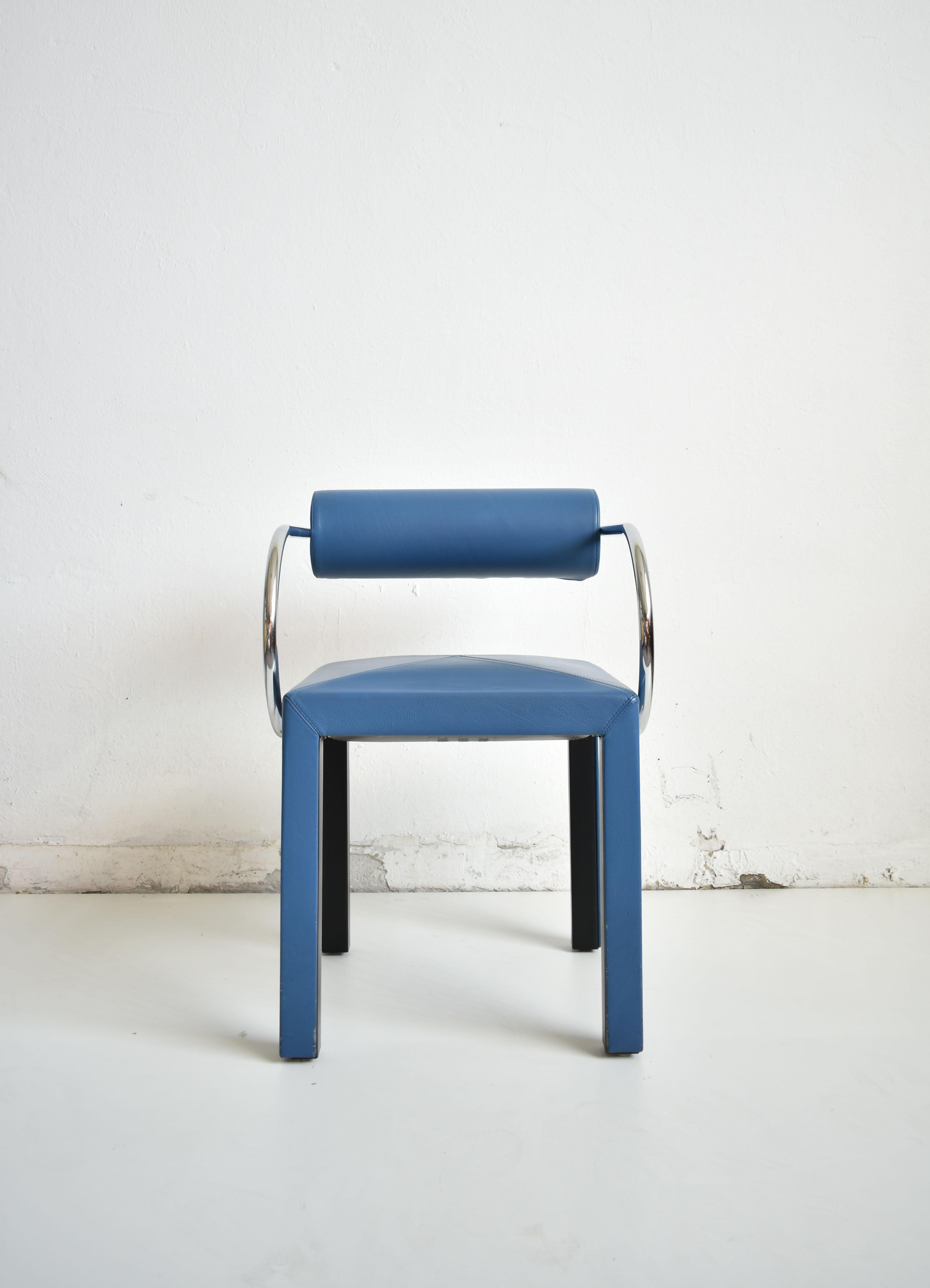 Leather 'Arconda' chair from Arcadia series
Legs, seat and the backrest are upholstered in soft, top-quality blue color Italian leather. The armrest is made of chrome-plated metal. Producer's mark is visible on the bottom side of the