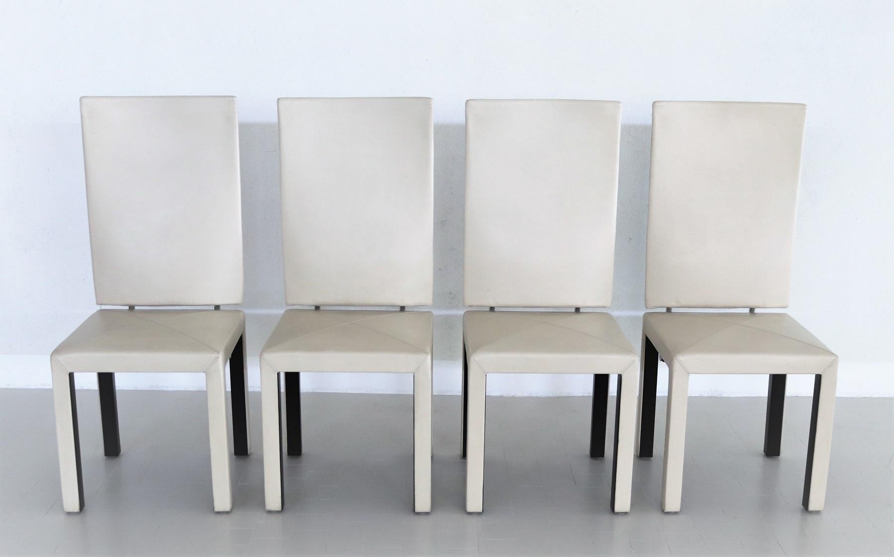 Set of four dining chairs by designer Paolo Piva, manufactured by B&B Italia in Italy in the 1980s.
The chairs have a high back, which is connected to the seat with a special metal construction. This construction allows a slight swing.
The chairs