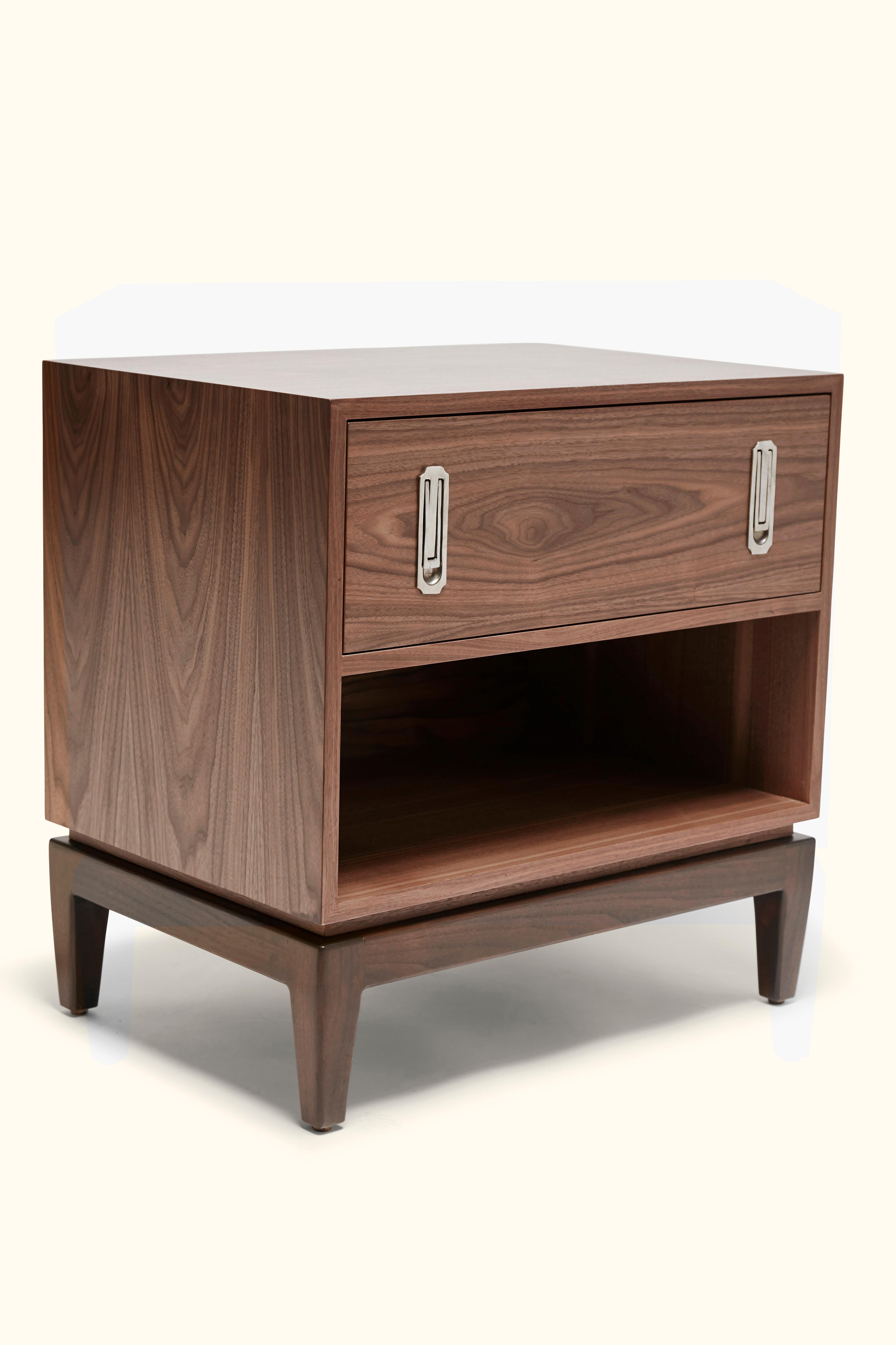 The Arcadia Side Table features one or two drawers, an open shelf, hand crafted vintage style hardware and a sculptural solid American walnut or white oak base.

The Arcadia Side Table features one or two drawers, an open shelf, hand crafted vintage