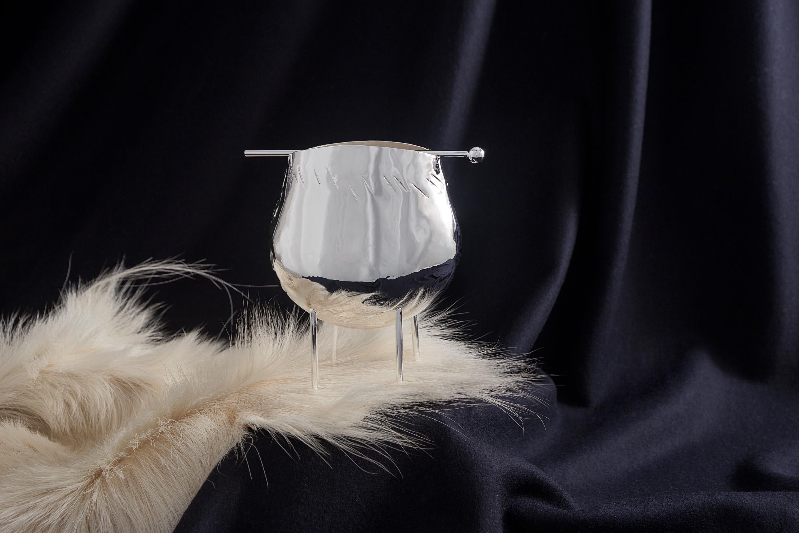 A traditional goats’ bell reversed, reworked and upcycled into a luxurious accessory for the home.
A symbolic artefact acting as a metaphor for the rise from humble beginnings into a modern European State. It is an ode to the noble bucolic soul that