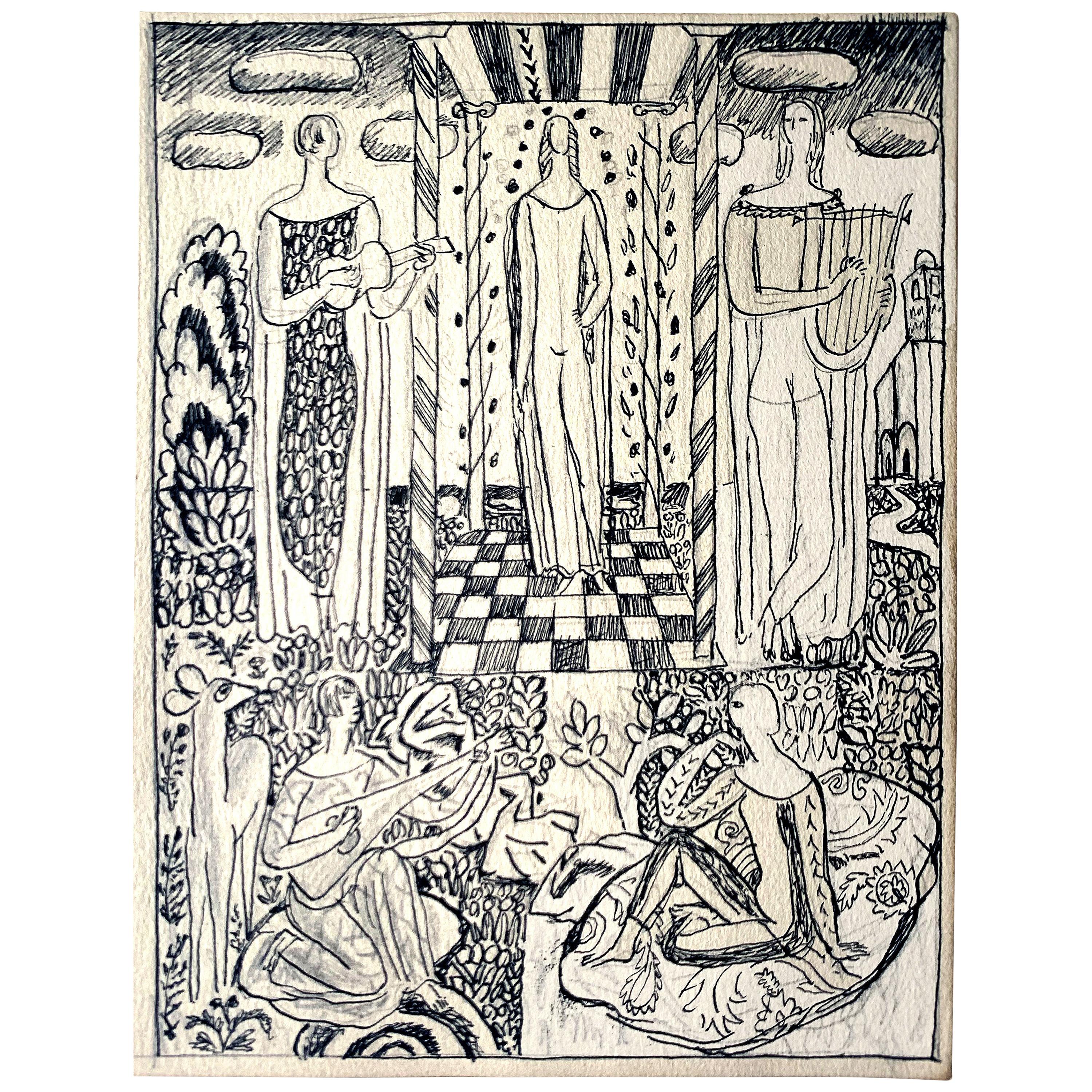 "Arcadian Scene with Lute, Lyre & Guitar, " Detailed Art Deco Drawing by Ulreich For Sale