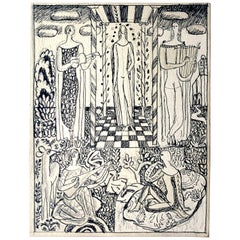 Vintage "Arcadian Scene with Lute, Lyre & Guitar, " Detailed Art Deco Drawing by Ulreich