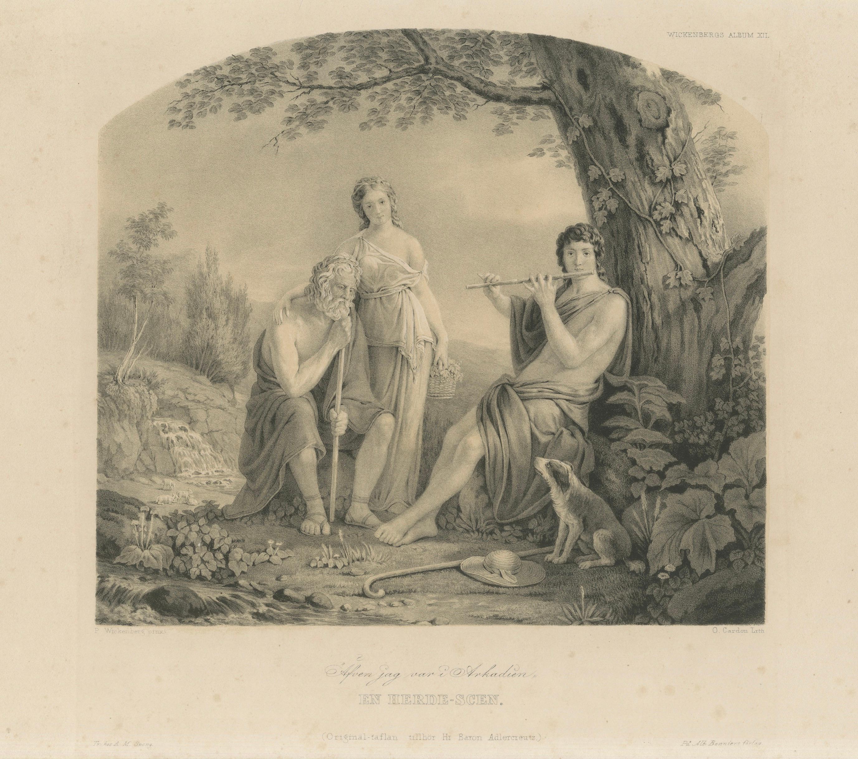 Arcadian Shepherd Scene, Swedish Romantic Lithograph after Pehr Wickenberg, 1850