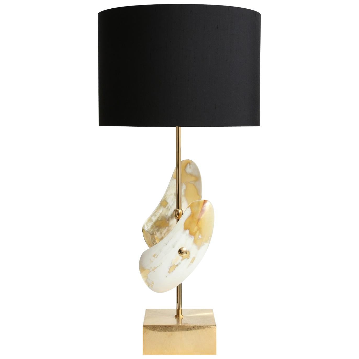 Arcahorn Table Lamp with Horn Details and Brushed Gilded Brass Base For Sale