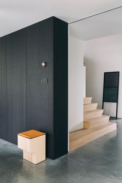 Contemporary block arch stool or side table, natural ash wood, Belgian design