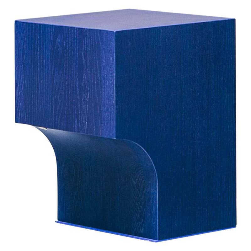 Contemporary block arch stool side table, blue stained oak wood ...