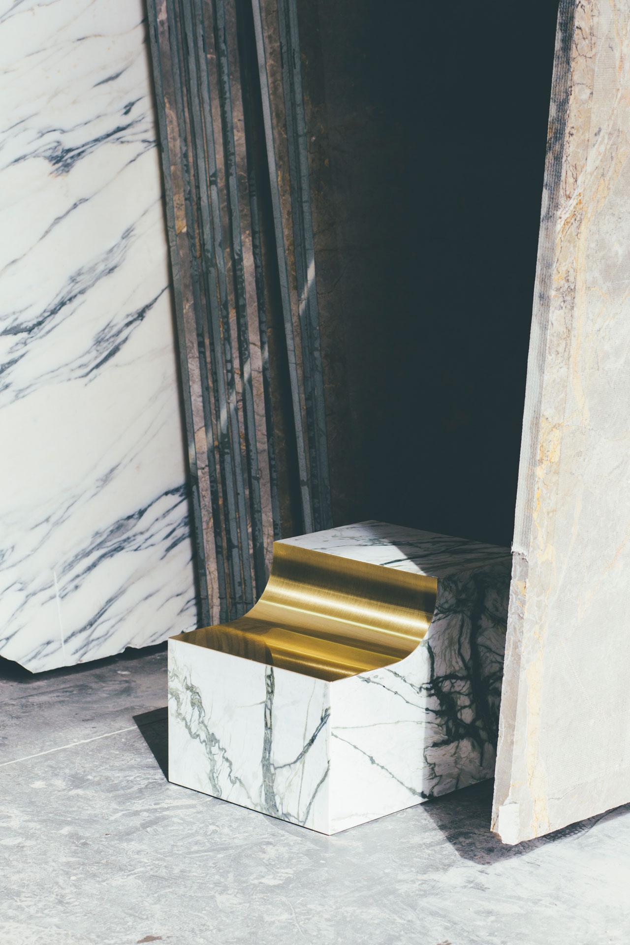 Limited edition contemporary stool or side table, marble & brass, Belgian design For Sale 2