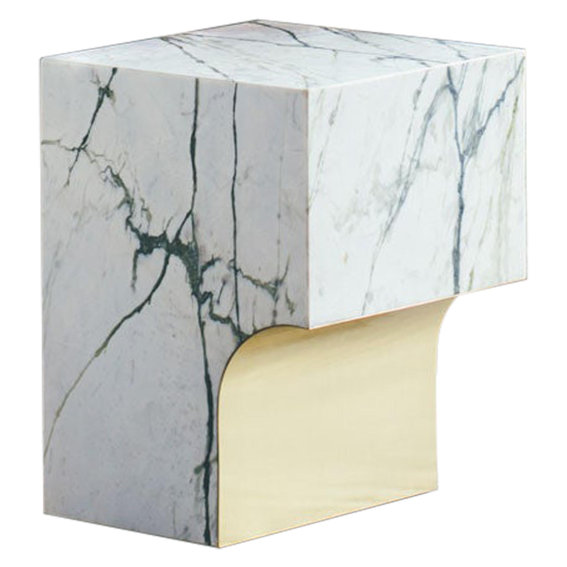Limited edition contemporary stool or side table, marble & brass, Belgian design For Sale