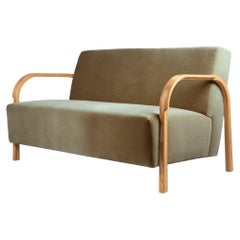 ARCH 2 Seater Sofa in Oak and DAW/Mohair & Mcnutt  Upholstery by Mazo Design