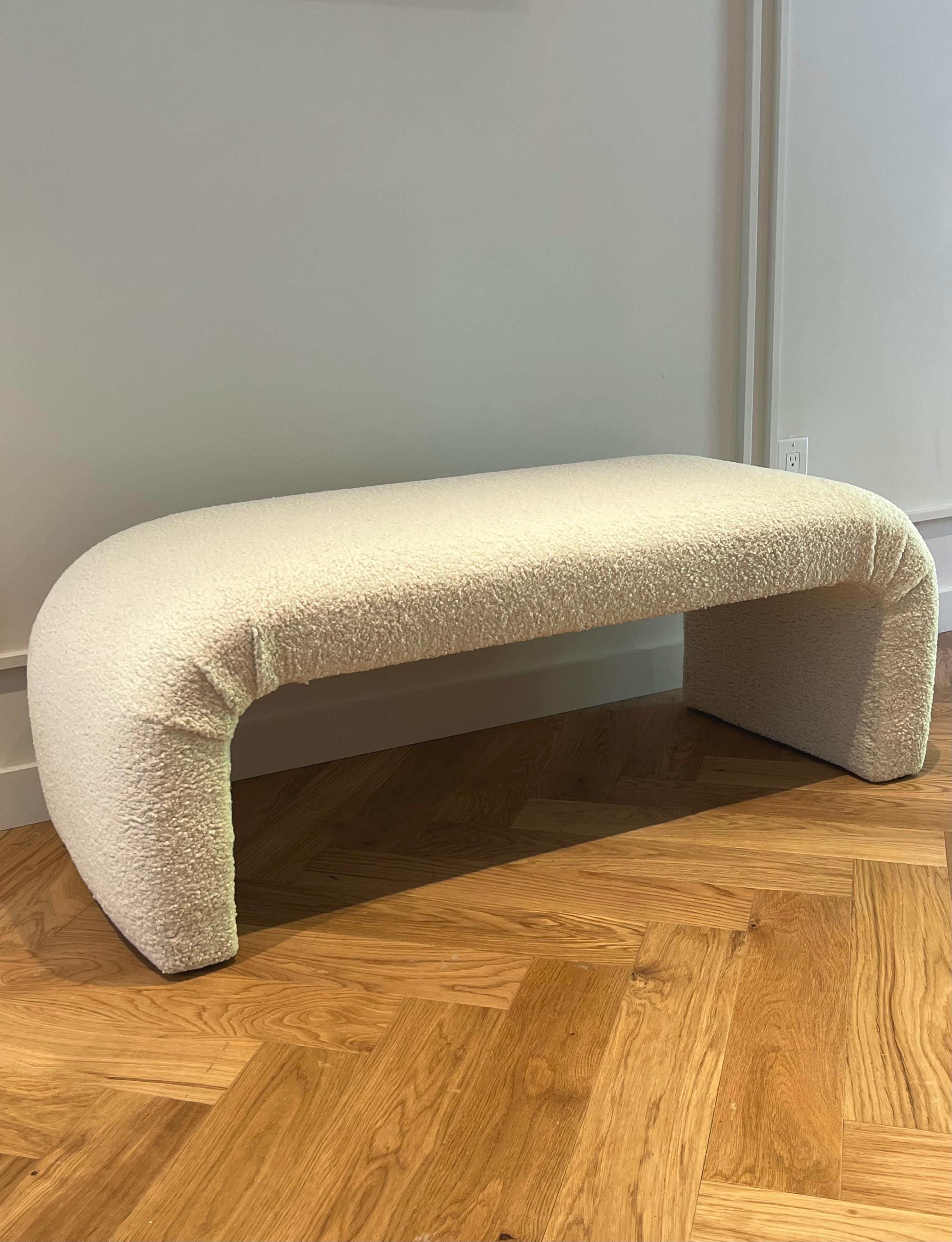 Minimalist Arch Bench in White Boucle ideal for living room accessory seating, entryway or bedfront seating.