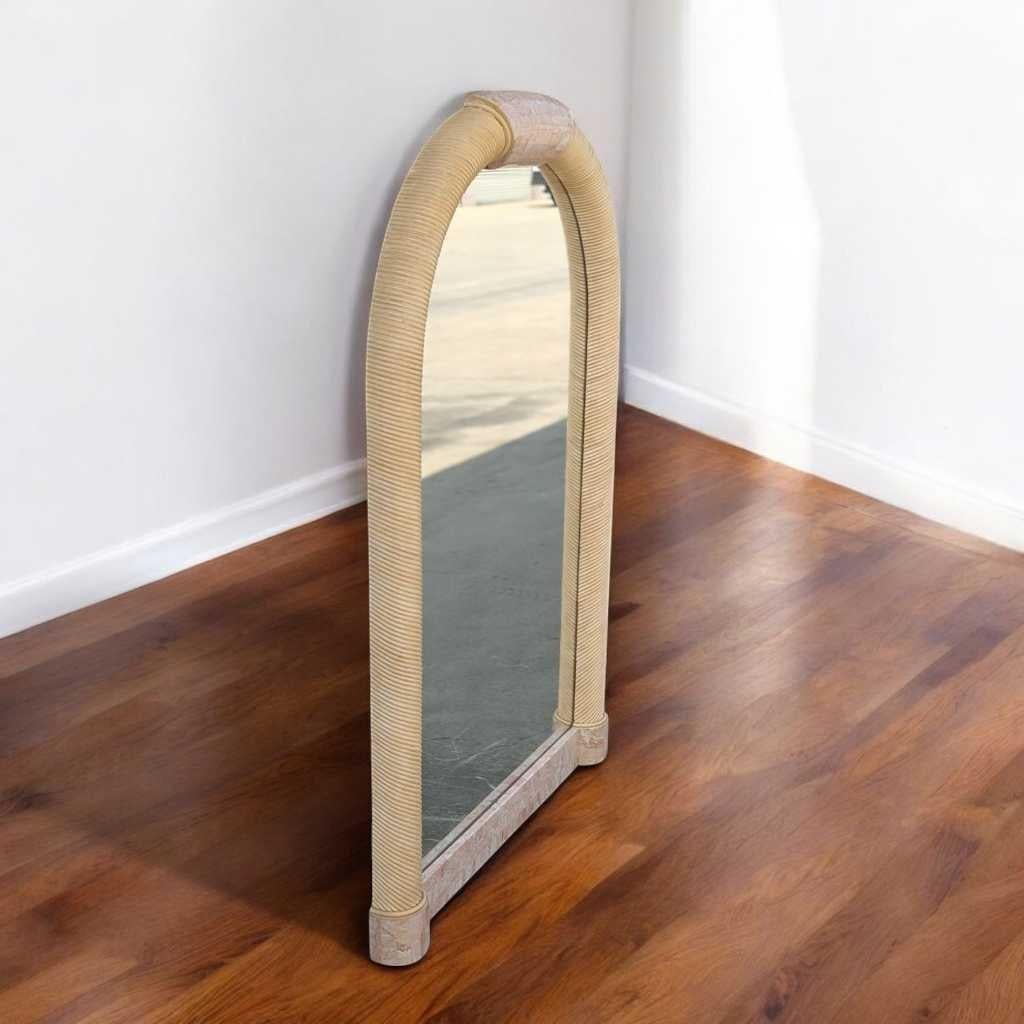 Arch Mirror, In the Style of Karl Springer, Tessellated Stone & Rattan, c. 1980s For Sale 6