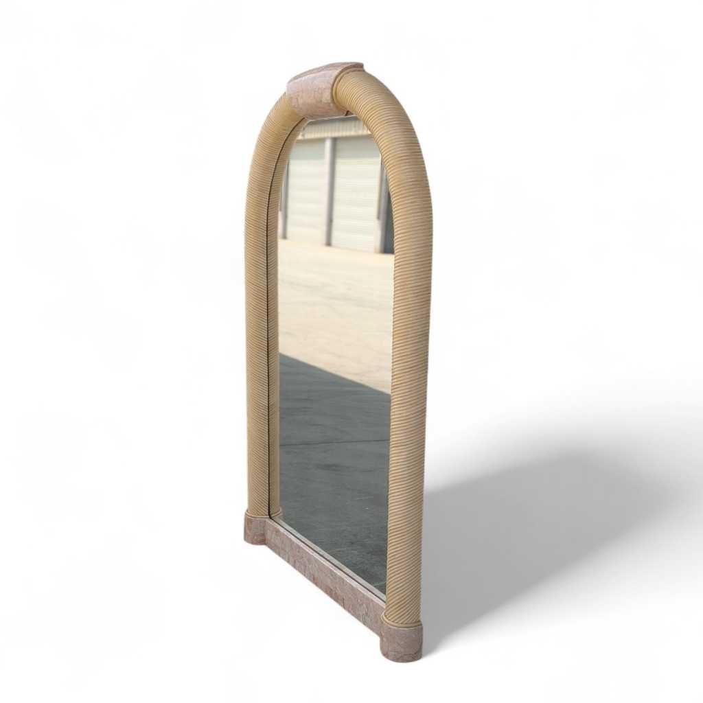 Arch Mirror, In the Style of Karl Springer, Tessellated Stone & Rattan, c. 1980s For Sale 7