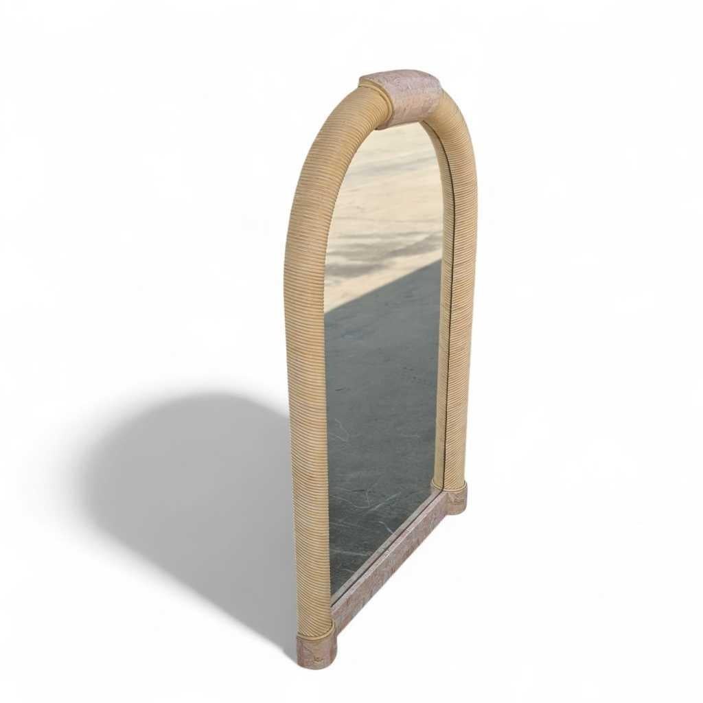 Post-Modern Arch Mirror, In the Style of Karl Springer, Tessellated Stone & Rattan, c. 1980s For Sale