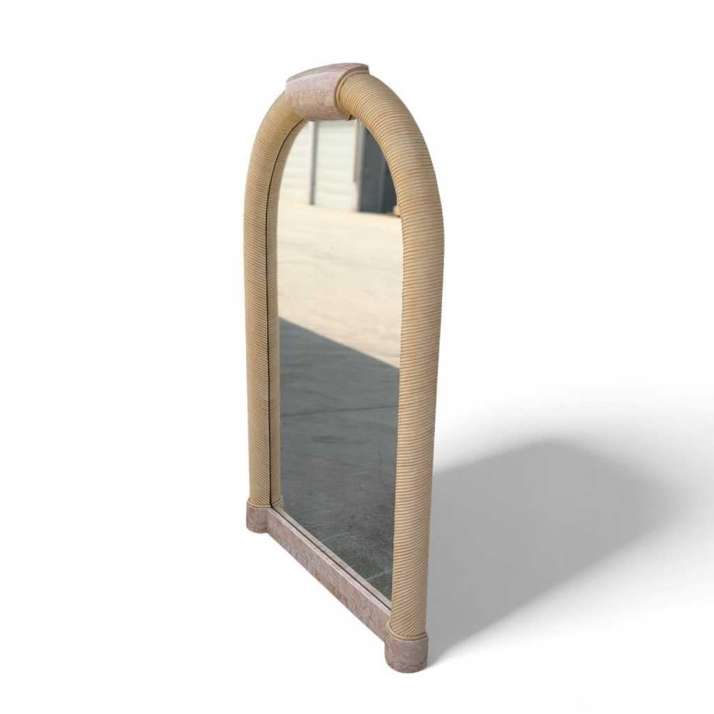 Arch Mirror, In the Style of Karl Springer, Tessellated Stone & Rattan, c. 1980s For Sale 2