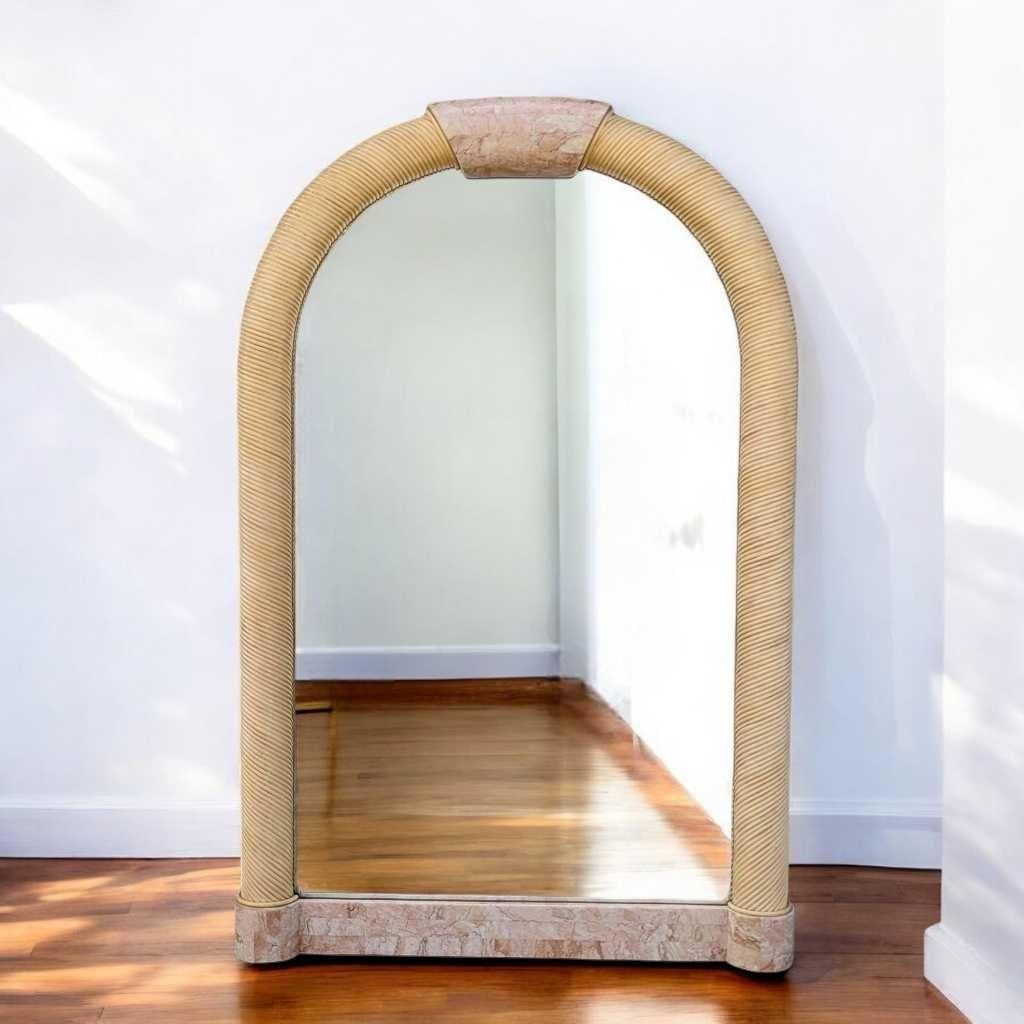 Arch Mirror, In the Style of Karl Springer, Tessellated Stone & Rattan, c. 1980s For Sale 3