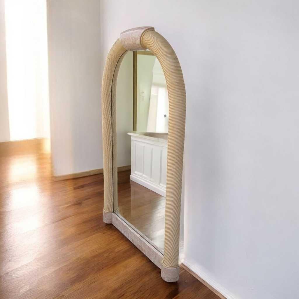 Arch Mirror, In the Style of Karl Springer, Tessellated Stone & Rattan, c. 1980s For Sale 4