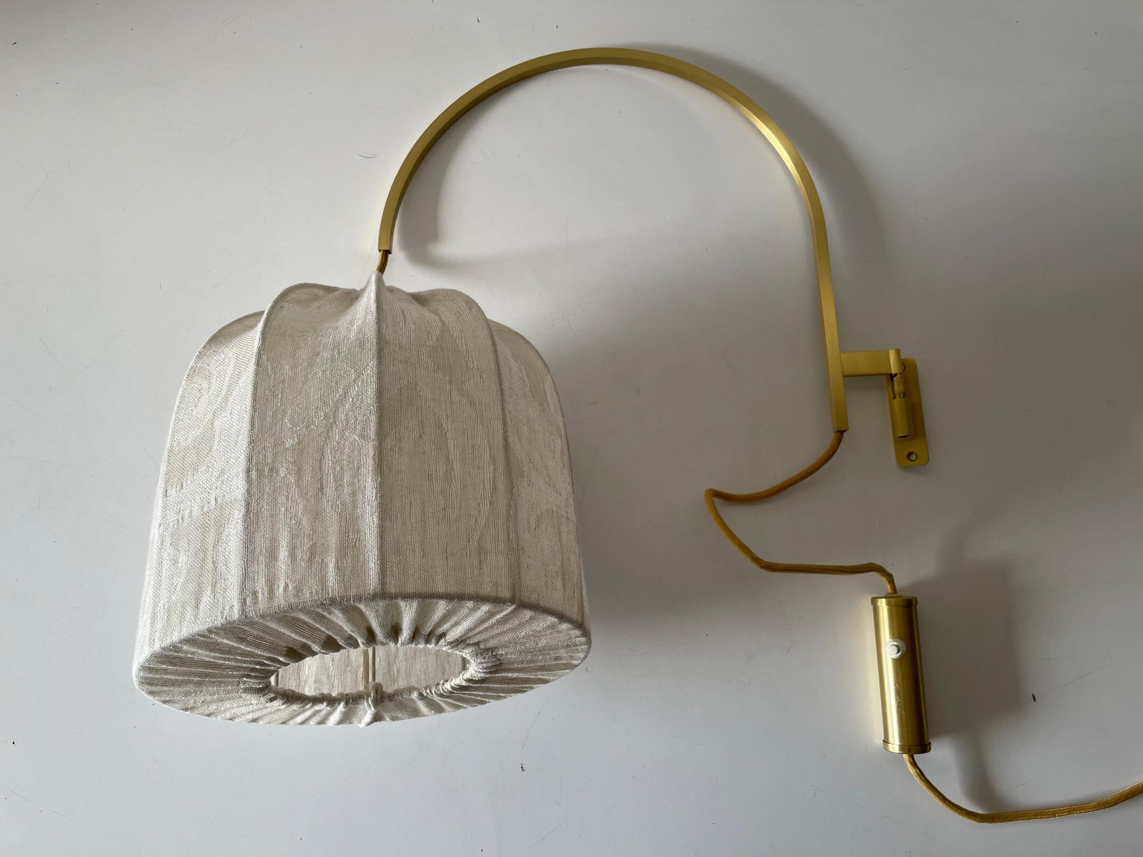 Mid-Century Modern Arch Shaped Brass Body Fabric Shade Wall Lamp by WKR Leuchten, 1970s, Germany For Sale