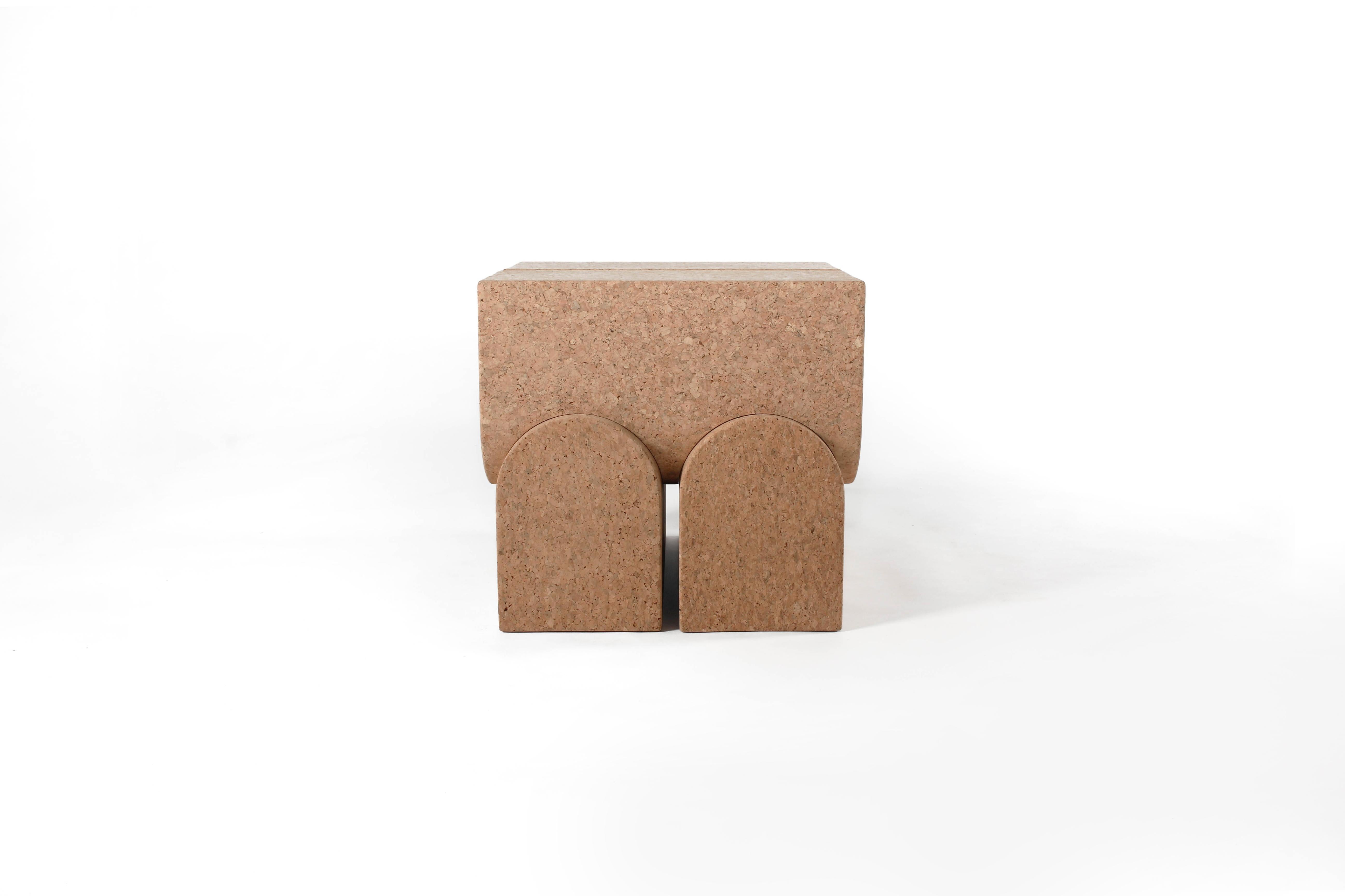 Arch Solid Cork Contemporary Sculptural Carved Side Table Stool Natural For Sale 1