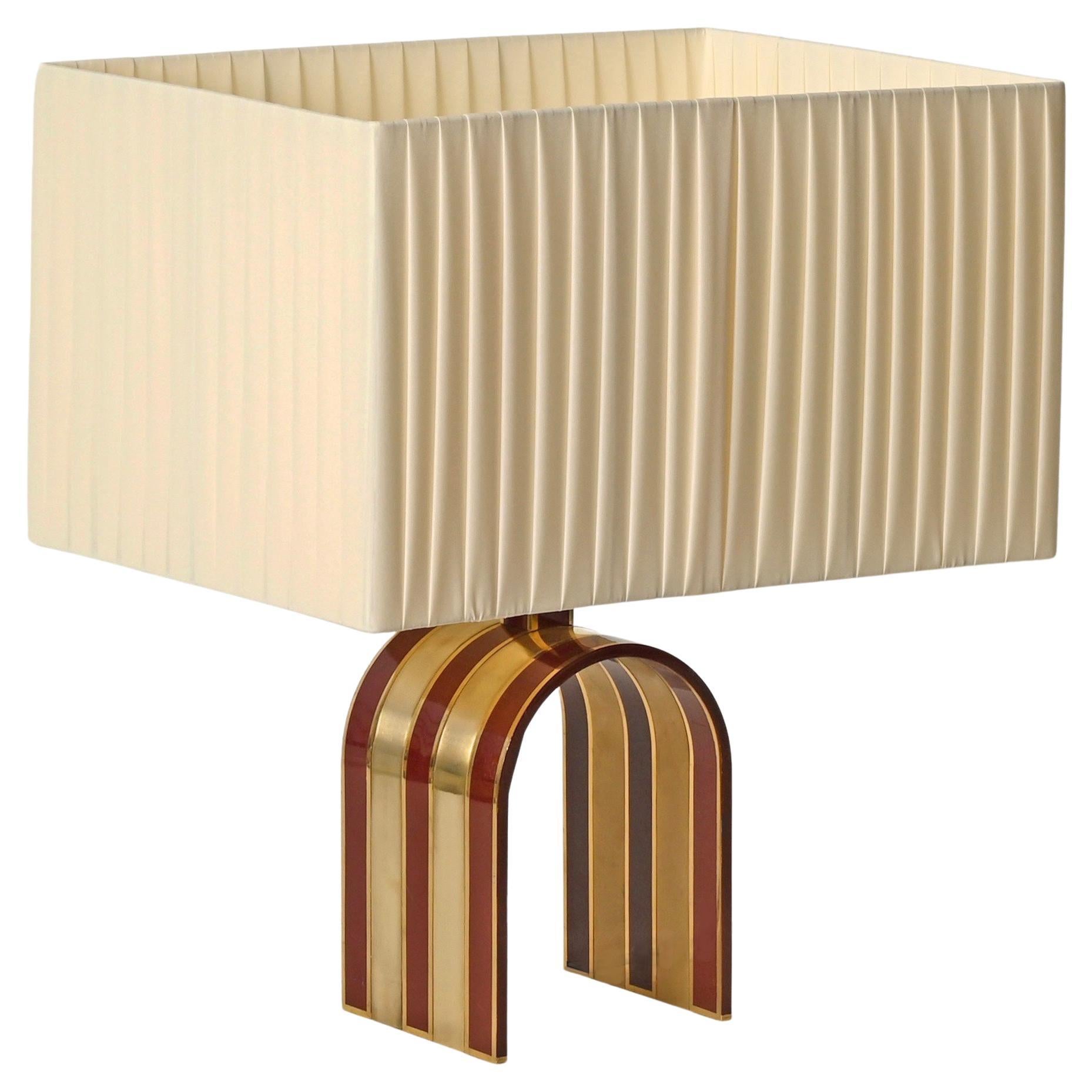 Arch Table Lamp by Romeo Rega in Solid Brass and Burgundy Enamel, Italy, 1970s For Sale