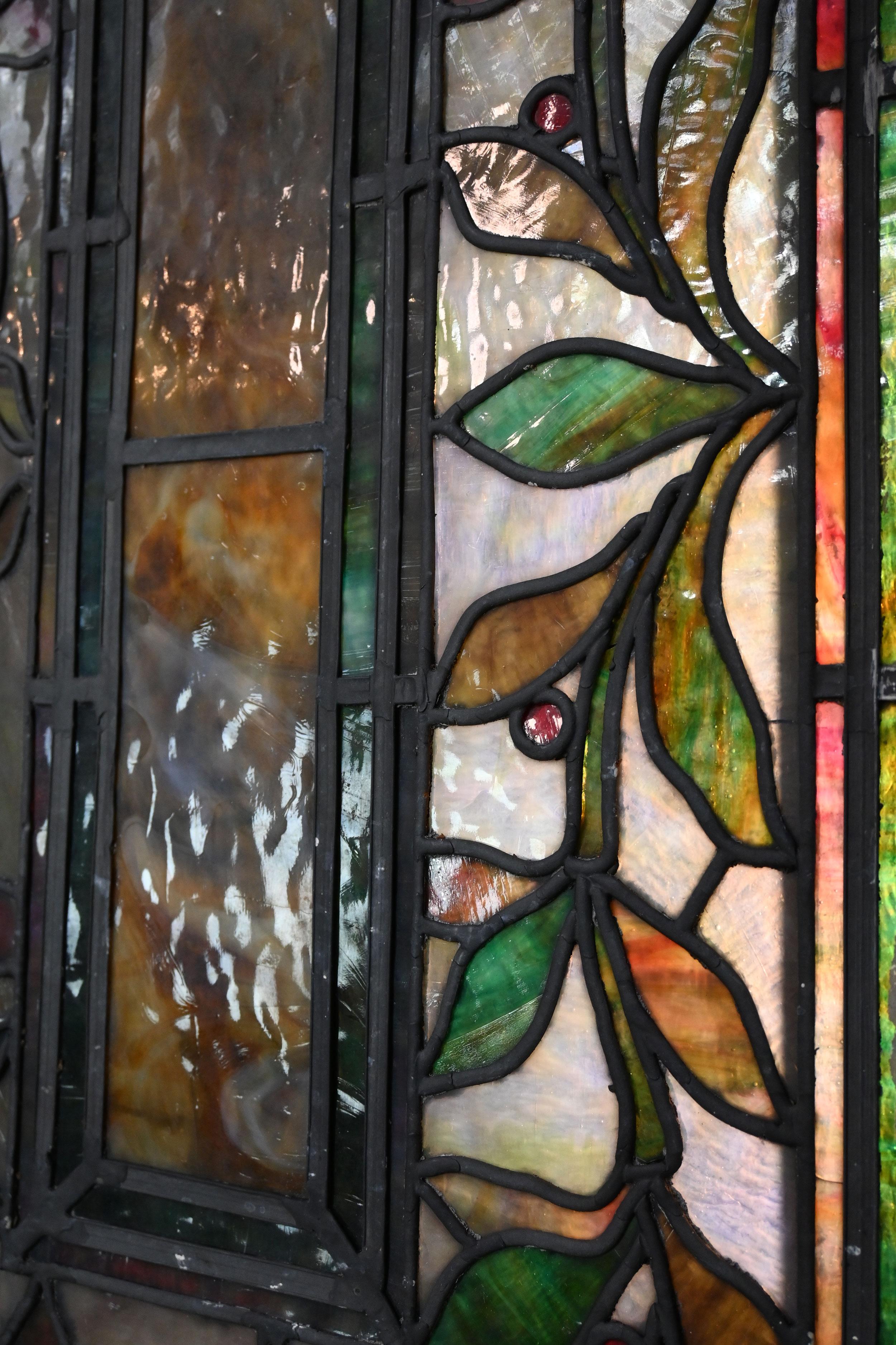 Slag Glass Arch Topped Stained Glass Window For Sale