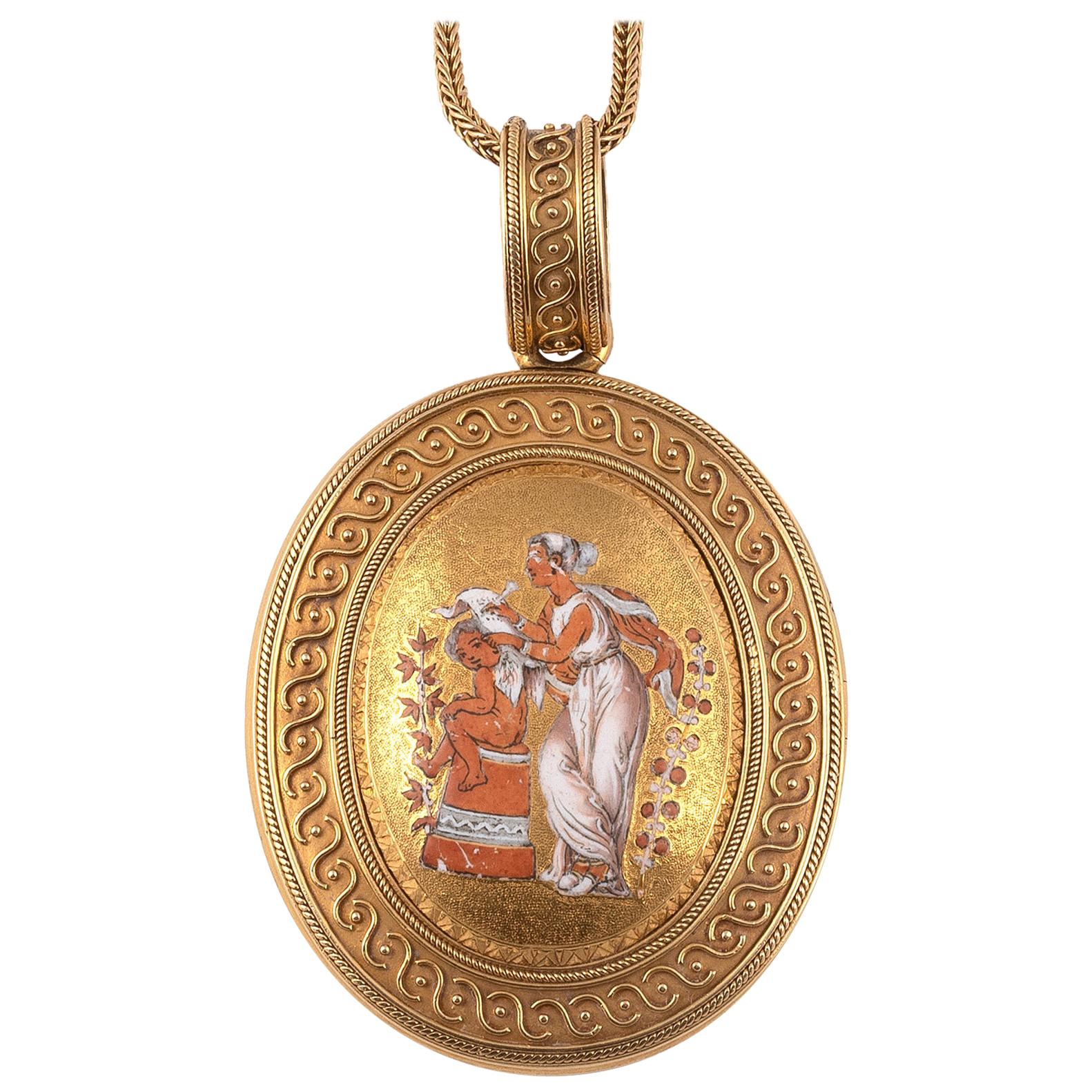 

An 18K yellow gold pendant opening in the archaeological style, with filigree and granulation decoration and enamelled with an antique inspired scene. 19th century. Eagle head hallmark.
Dimensions : 5,2 cm x 3,2 cm.
Accompanied by an 18K gold