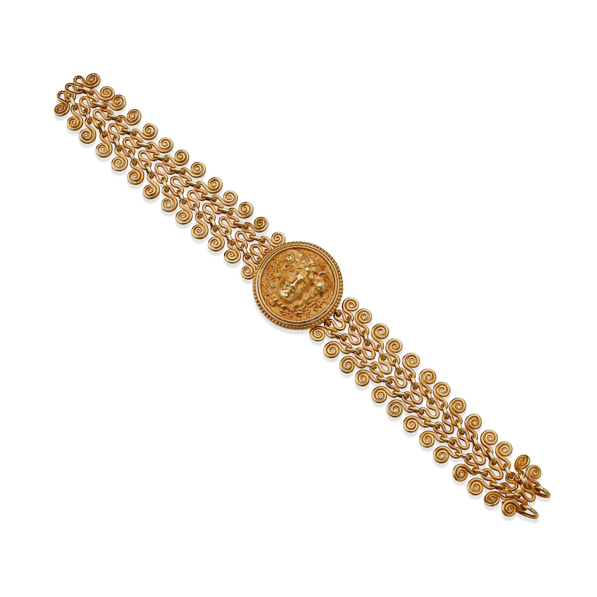 Archaeological Revival 22K Gold Winged Medusa Bracelet In Excellent Condition In New York, NY