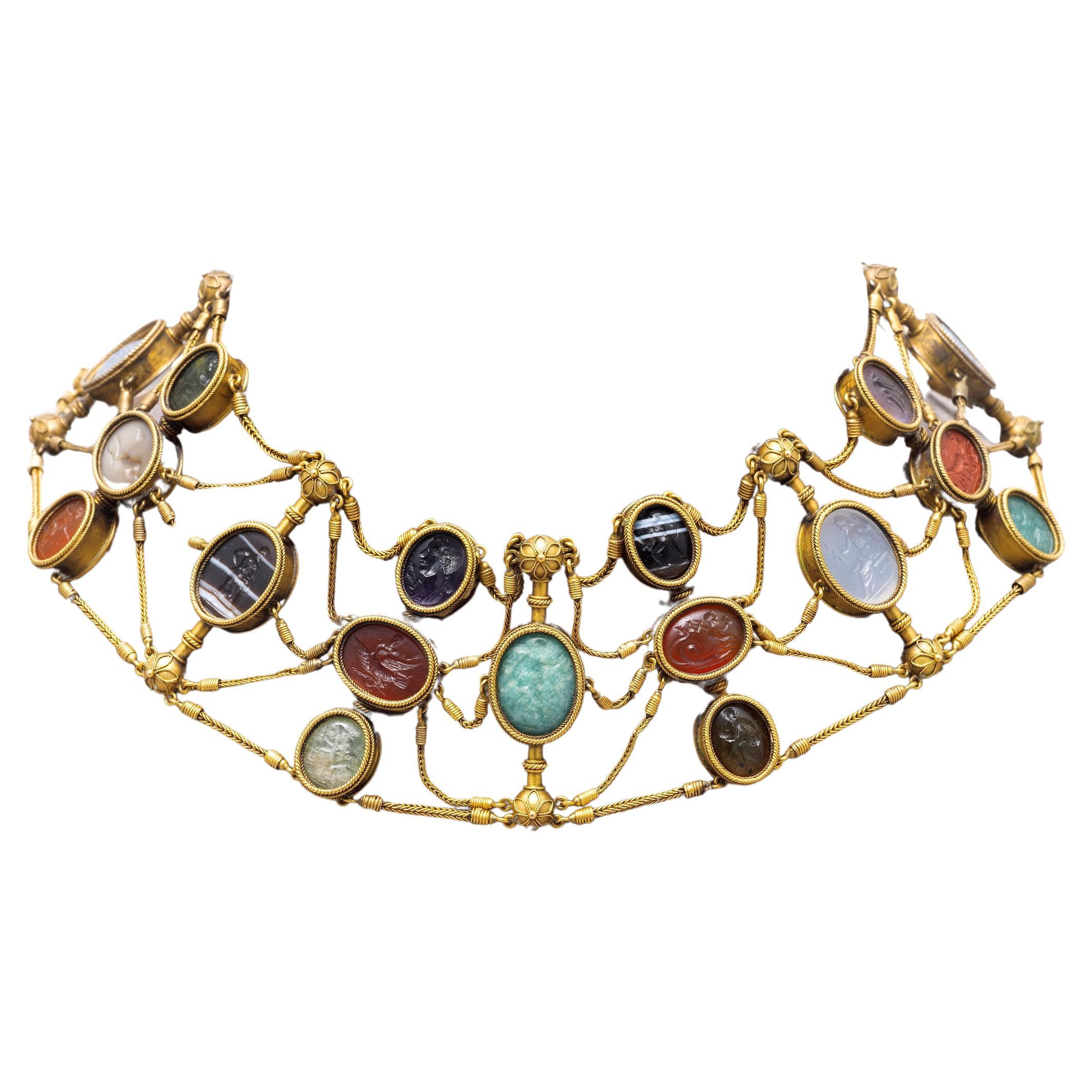 Archaeological-Revival Gold And Hardstone Intaglio Necklace Italy Circa 1870 For Sale