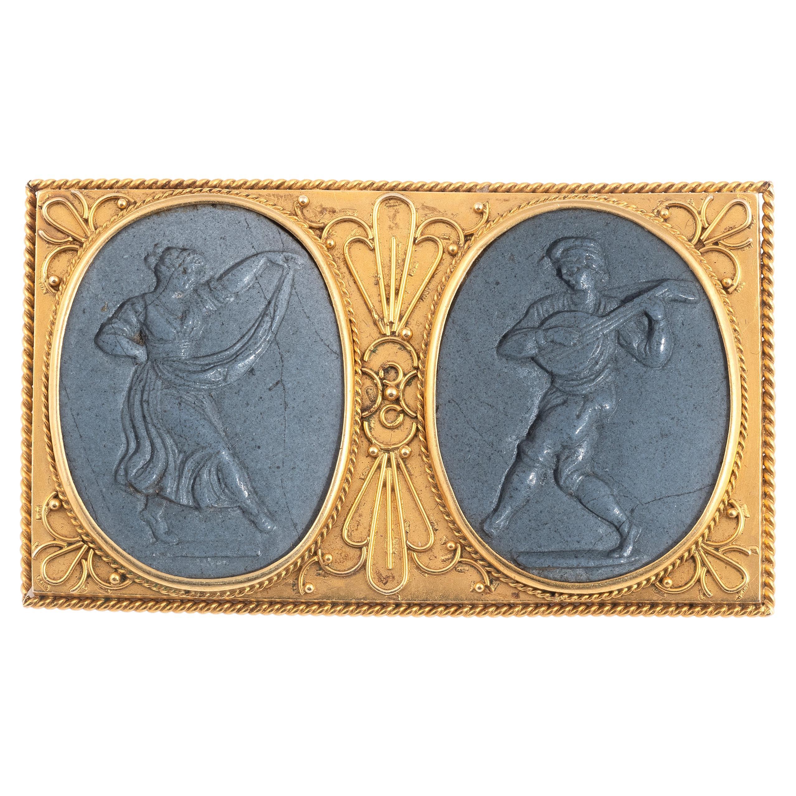 Archaeological Revival Gold And Lava Cameo Brooch Late 19th Century For Sale