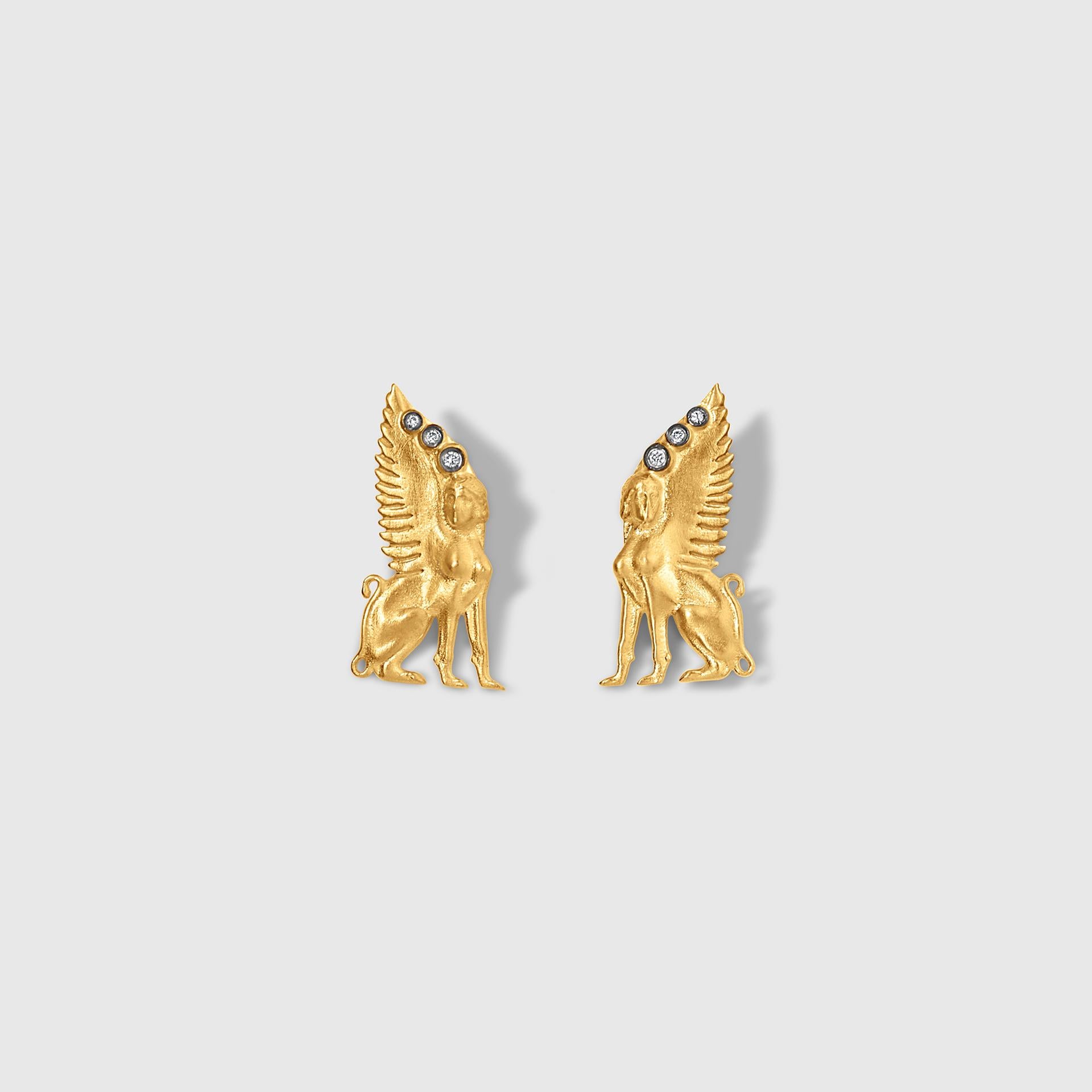 Archaeological Urartian Sphynx Post Earrings with Diamond Detail, 24kt Yellow Gold and Silver, Size Medium, Length: 1