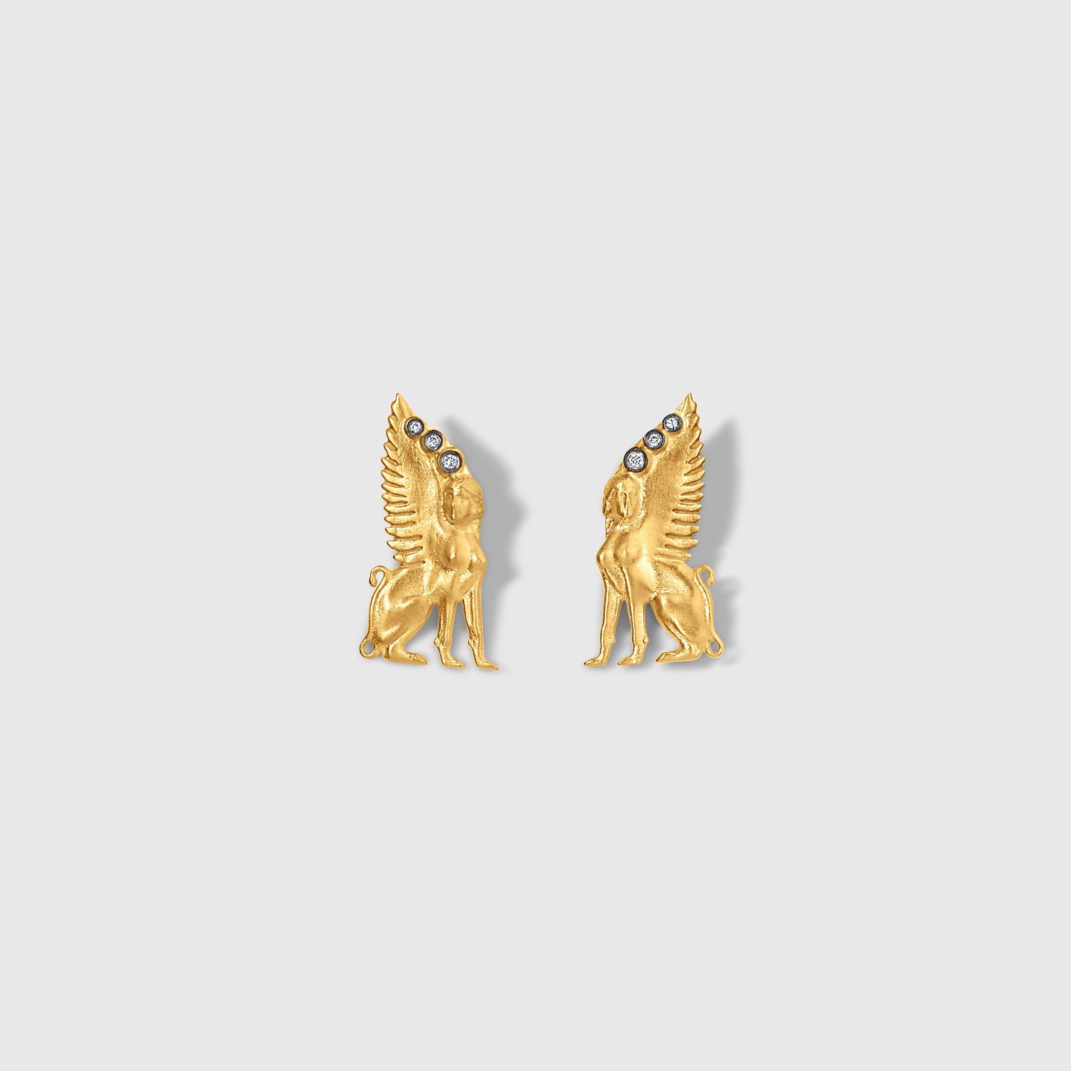 Byzantine Archaeological Urartian Sphynx Post Earrings with Diamonds by Kurtulan For Sale